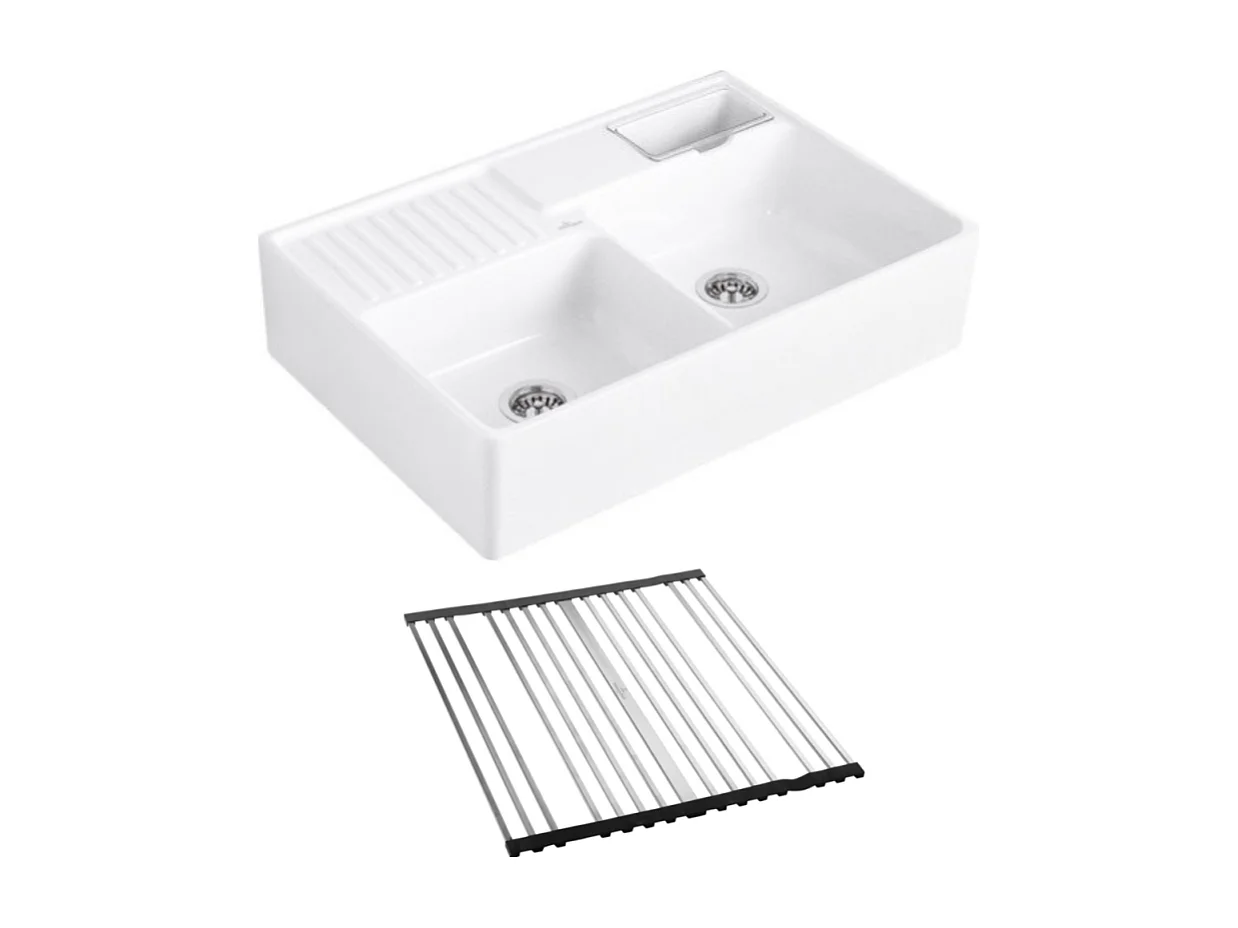 Evier timbre d'office VILLEROY ET BOCH Tradition 2 bacs 89,5 x 63 céramique vidage auto blanc + Egouttoir déroulable