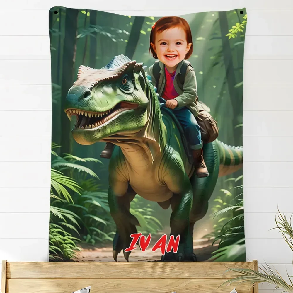 Full view of a custom kids blanket showing a personalized child's face on a dinosaur rider