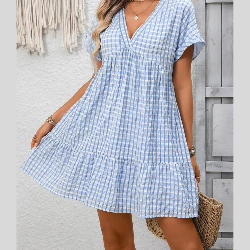 Plaid V-Neck Ruffle Hem Mini Dress - ZKZOOK