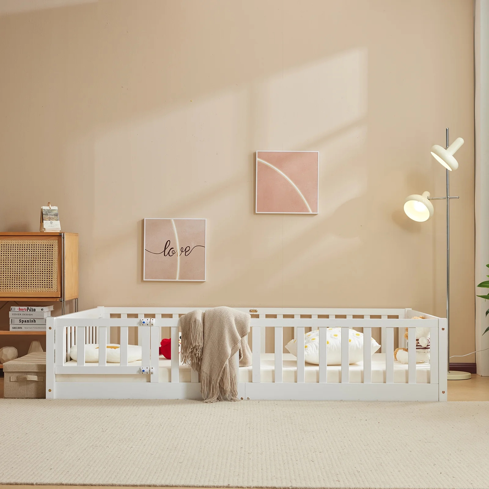 Zimtown Montessori Floor Bed Frame, Full Size Kids Toddler Bed with Fence and Door, Wooden Platform Bed, White - Image 5