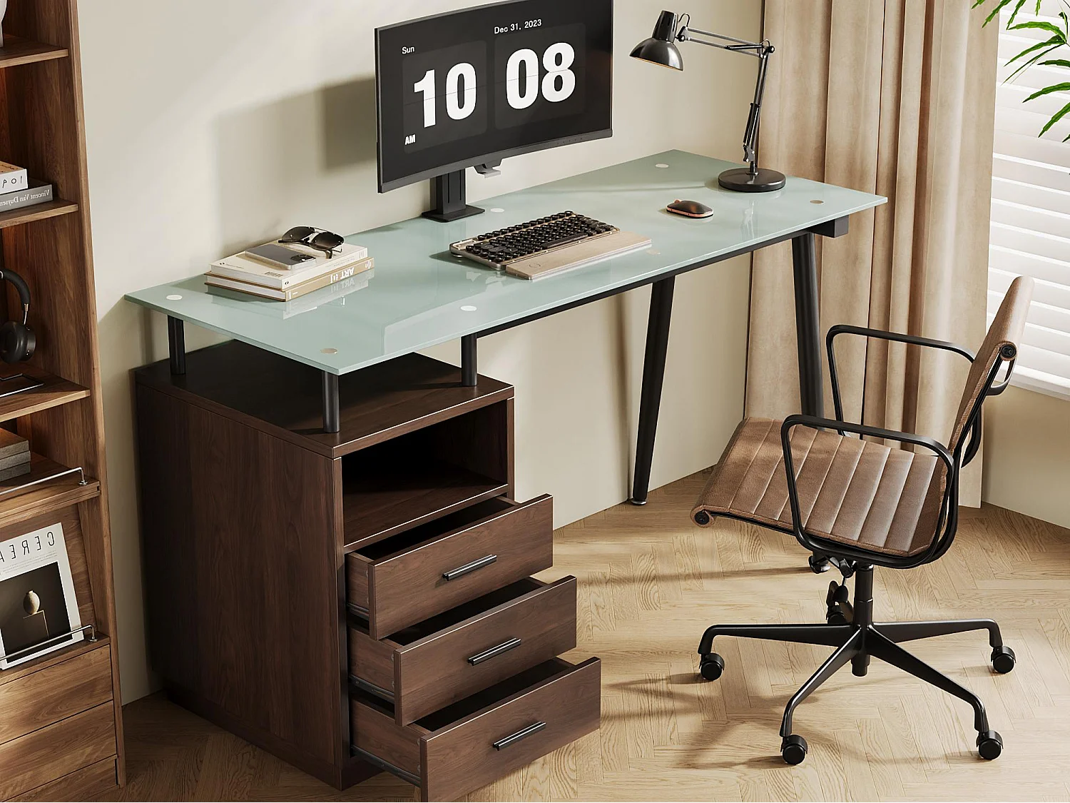 Bureau moderne 130x50x75 cm - 3 tiroirs et 1 étagère - Plateau en verre - Structure en tubes d'acier - MDF+Métal - Marron