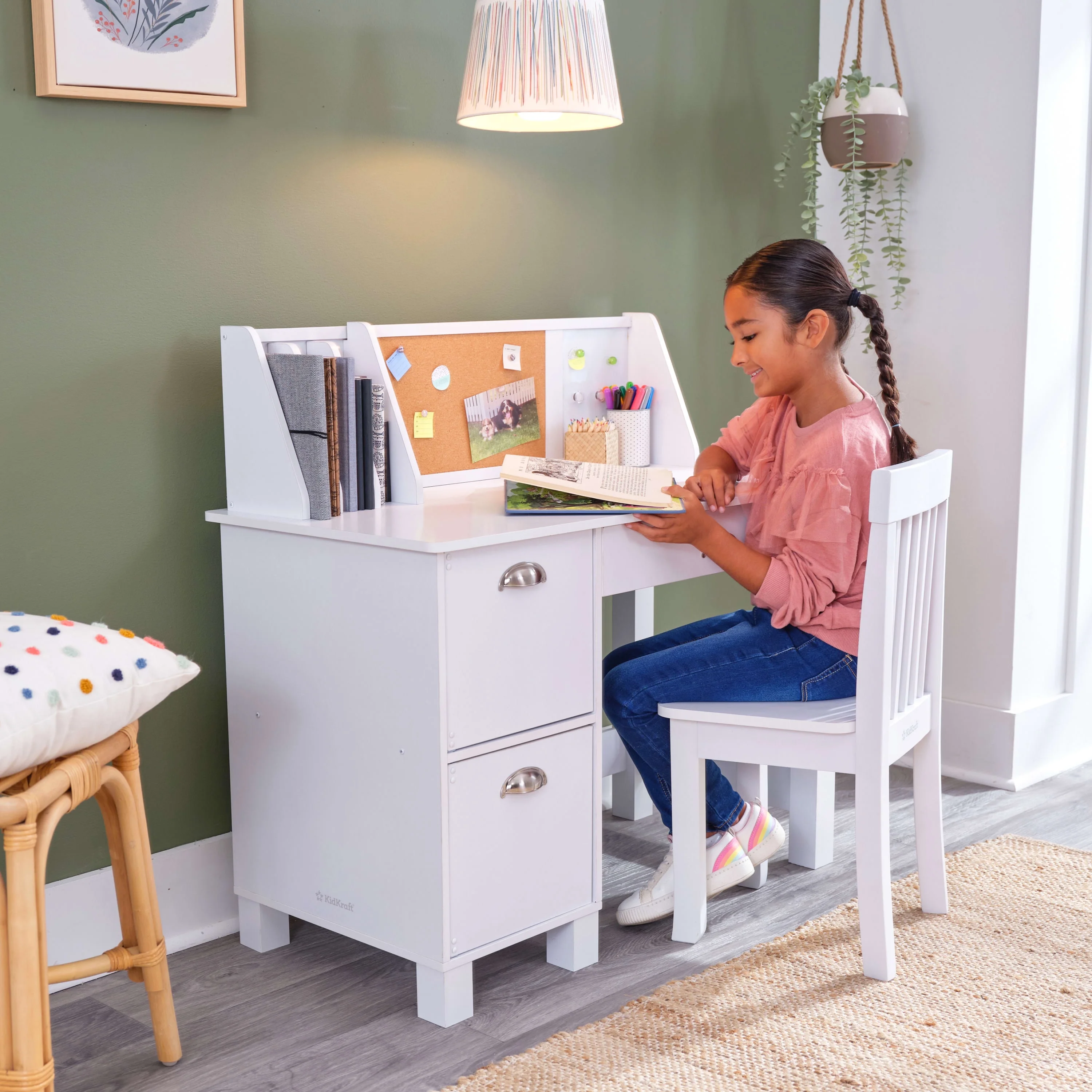 KidKraft Children's Wooden Study Desk with Chair, White, for Ages 5
