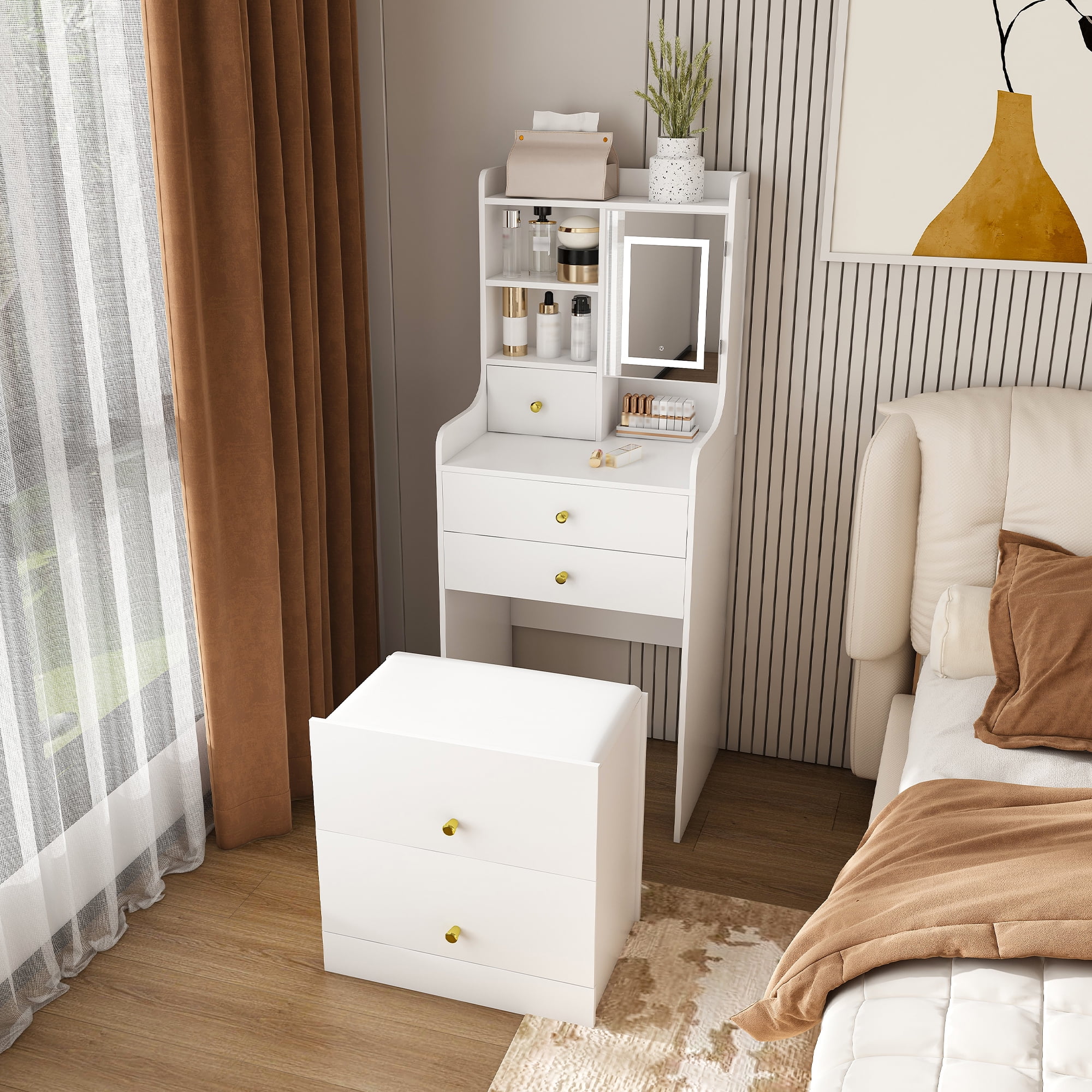 Montary Modern Mini Vanity w/Adjustable LED Mirror + Hidden Storage, Padded Stool & Dustproof Shelves (White) - Image 49
