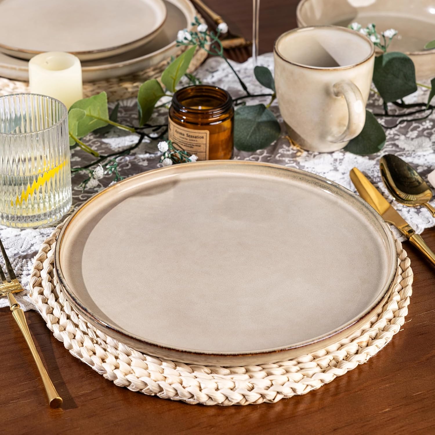 GBHOME 24 Pieces Double Bowls Ceramic Dinnerware Sets for 6, Stoneware Plates and Bowls Set with Reactive Glaze, Scratch Resistant Stoneware Dishes Set, Dishwasher & Microwave Safe
