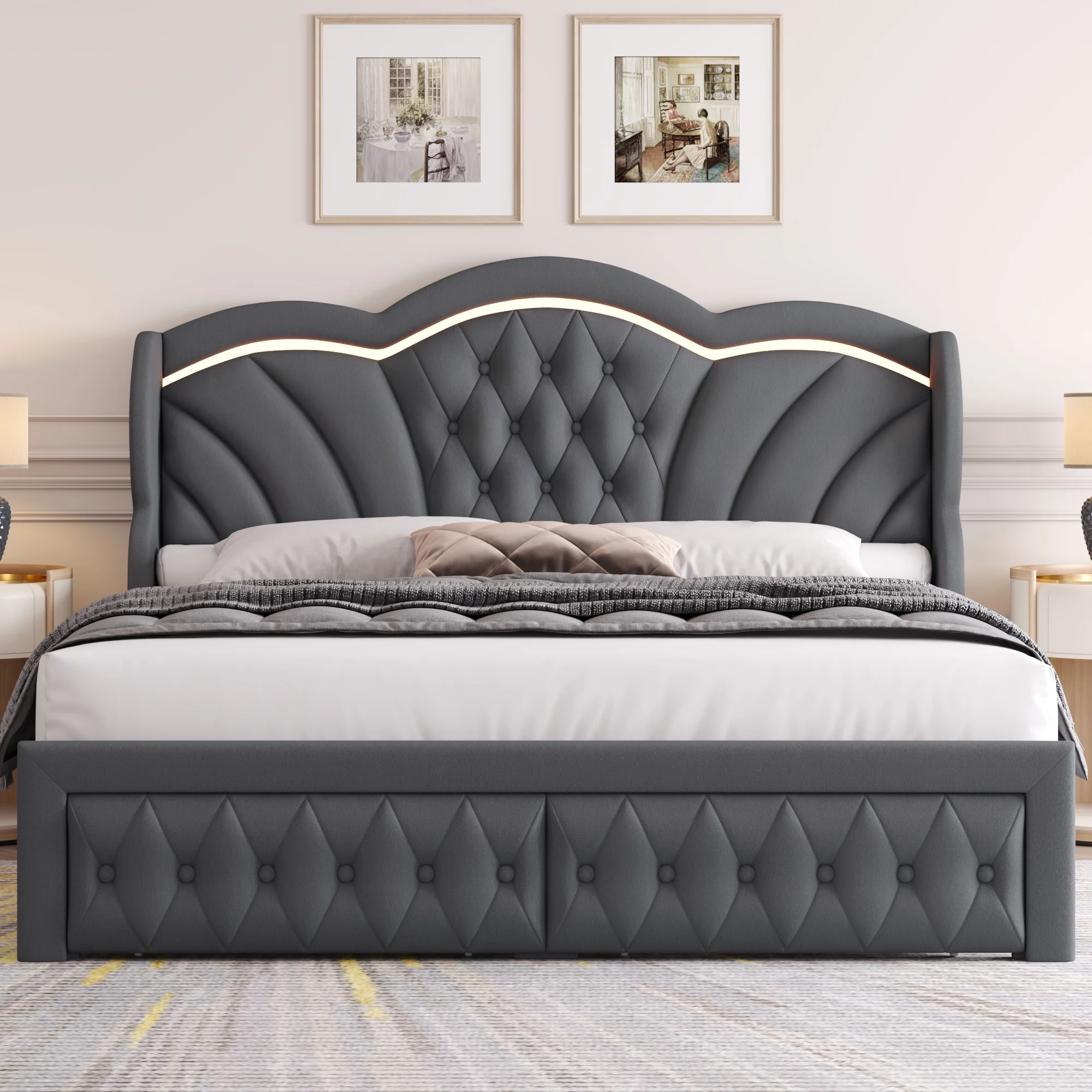 Hiphuta Modern Queen Bed Frame with 2 Drawers, LED Lights Platform Bed Frame, Sturdy Beds Frame with Upholstered Button Tufted Headboard, Velvet White - Image 11