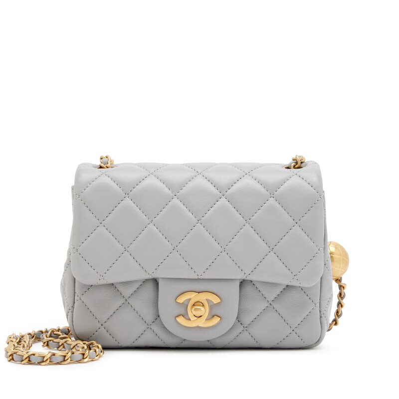 Premium Light Grey Quilted Leather Mini Flap Bag with Adjustable Golden Sphere - COZYMIZE
