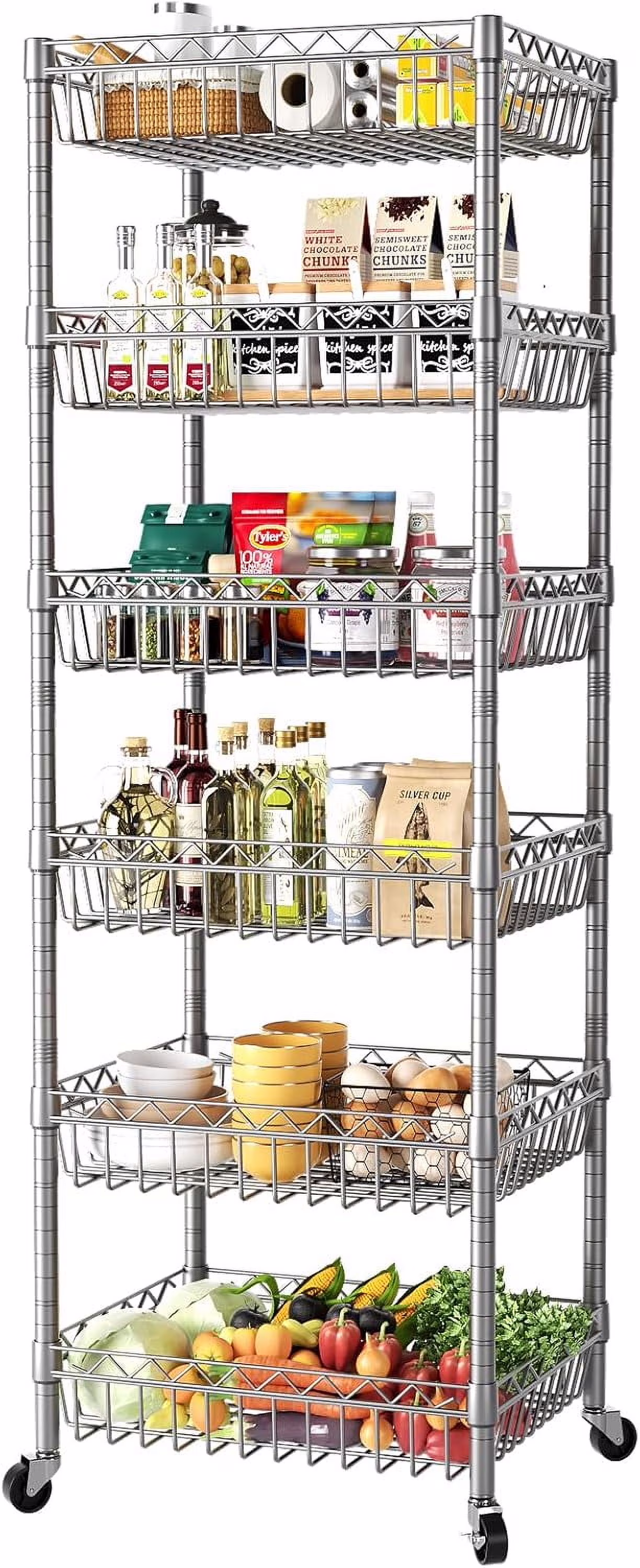6 Tier Wire Shelving Unit with Wheels Baskets Storage Rack Corner Shelves Adjustable Shelf Closet Bathroom Organizers Metal Pantry Kitchen Garage Laundry Room 13.5
