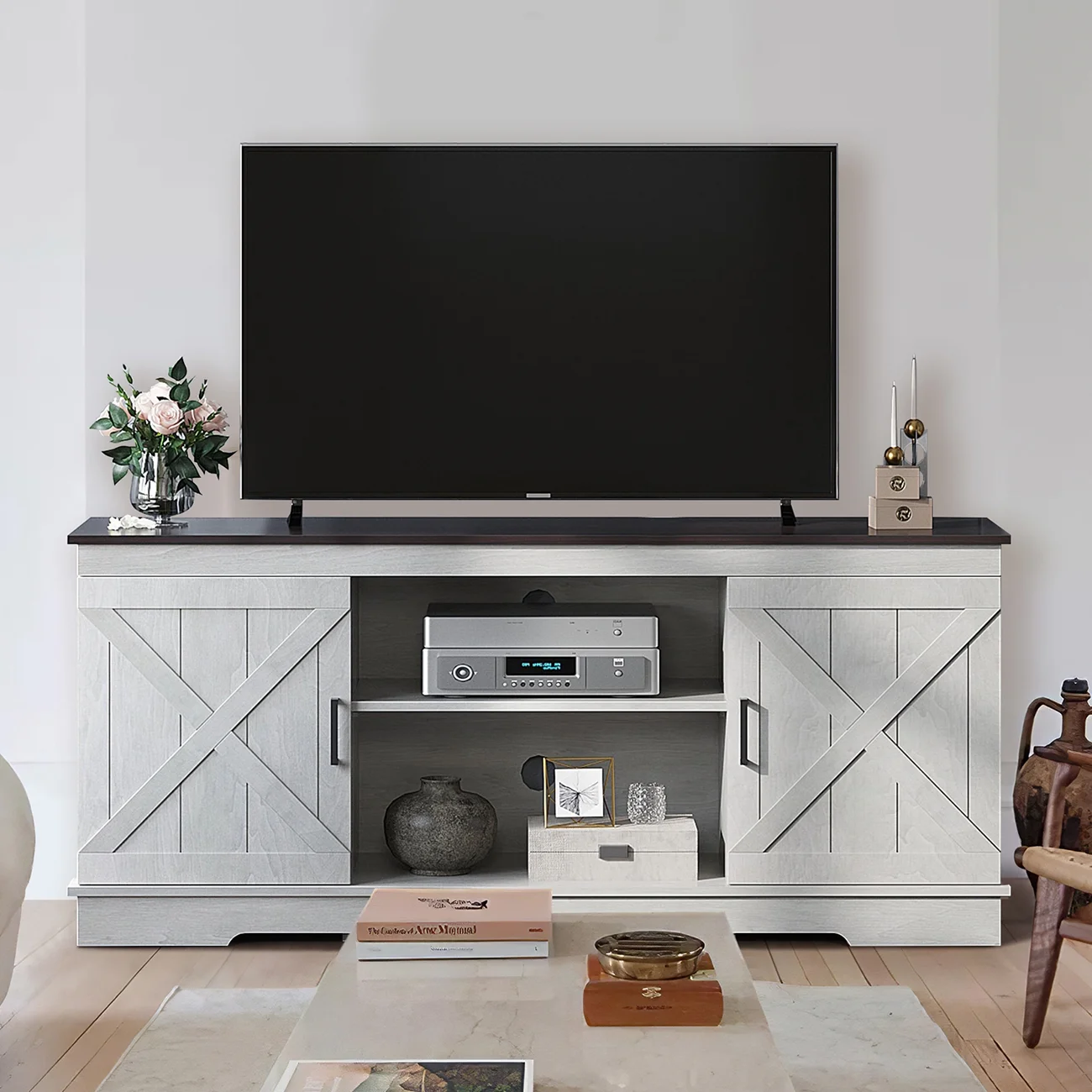 Dextrus Farmhouse TV Stand for 65 inch TV, Entertainment Center for Living Room, TV Media Console Cabinet, Grey Wash - Image 2
