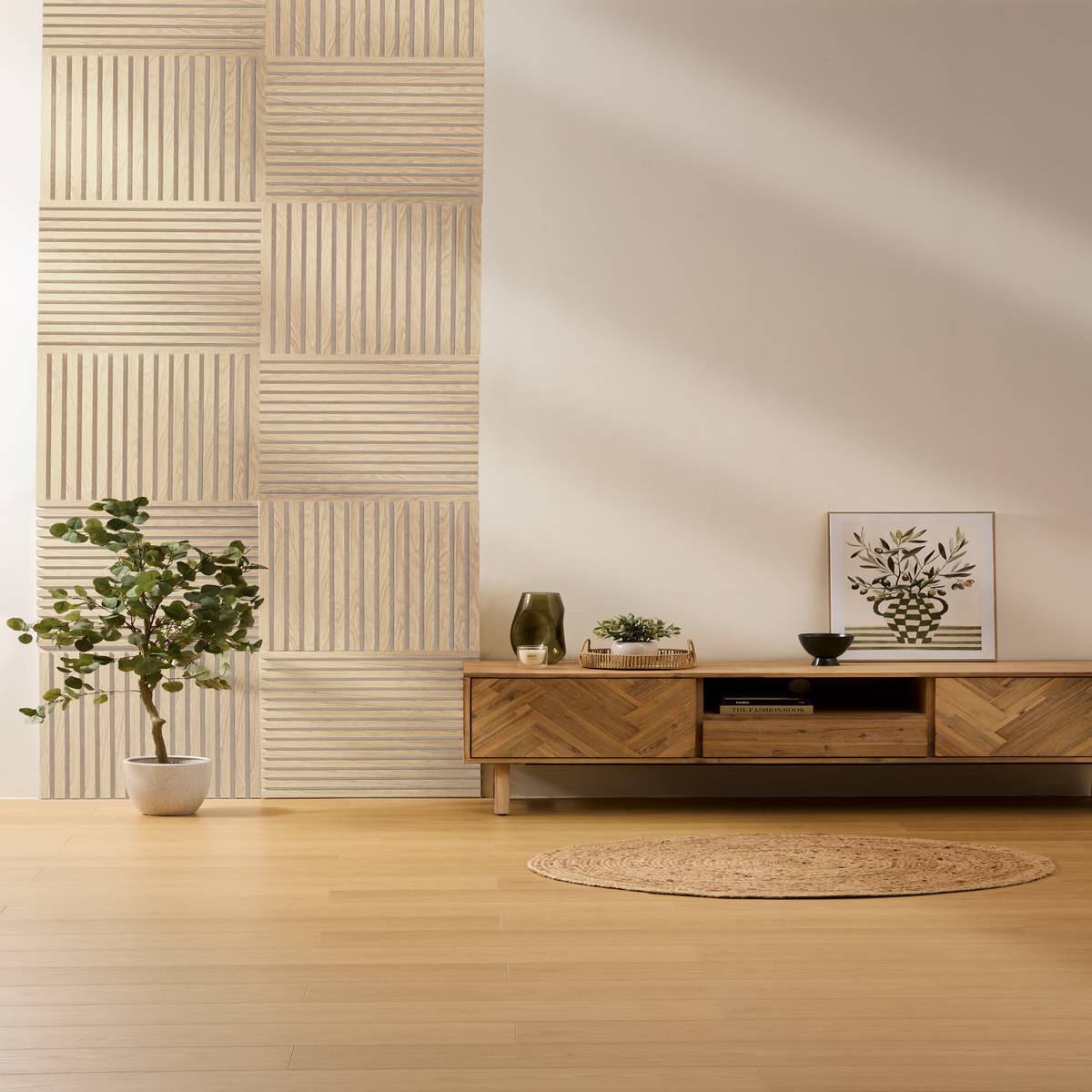Decorative wall panel "Colva" Light oak effect, Greige background, 60x60 cm