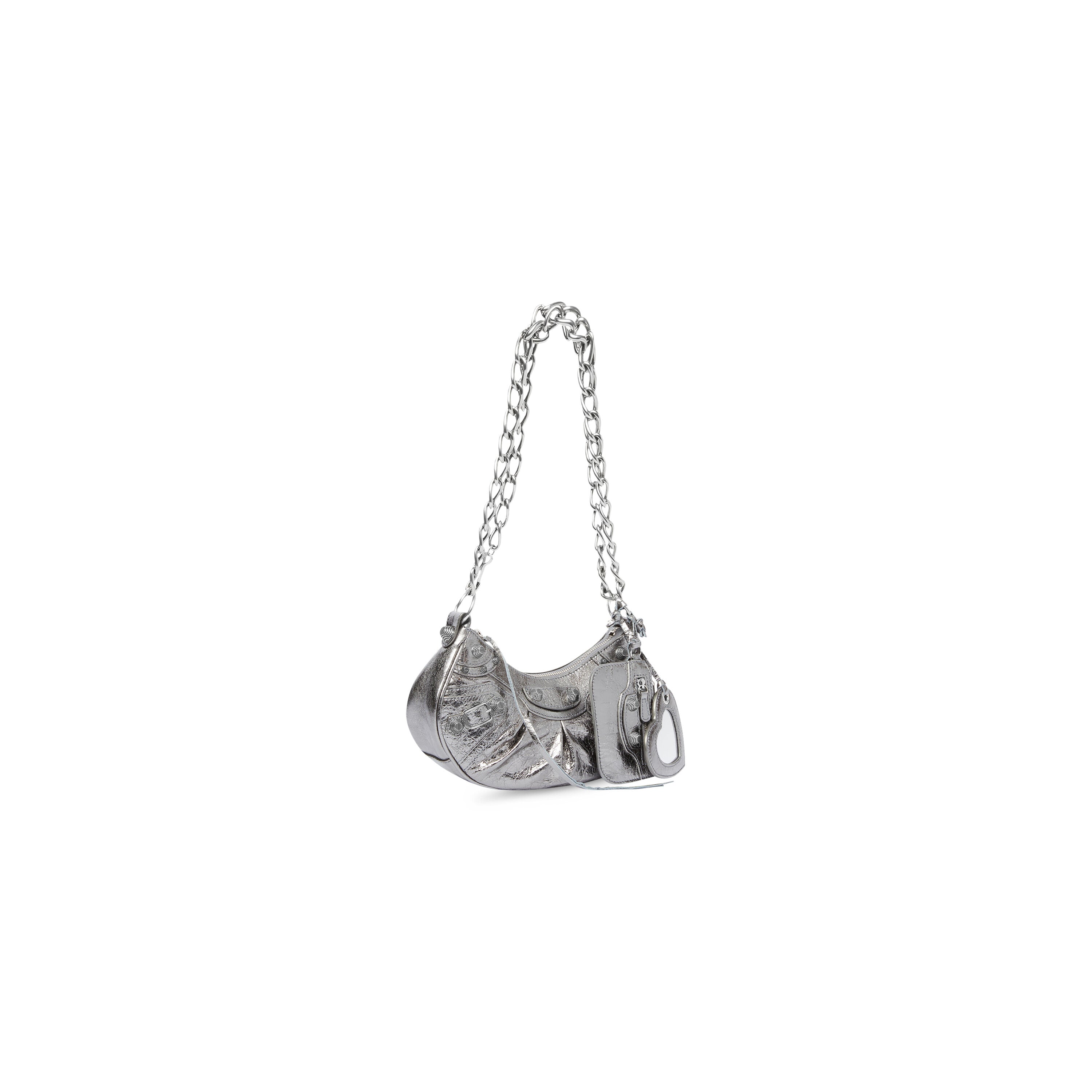 WOMEN'S LE CAGOLE XS SHOULDER BAG WITH CHAIN METALLIZED IN SILVER - Replicaclubs