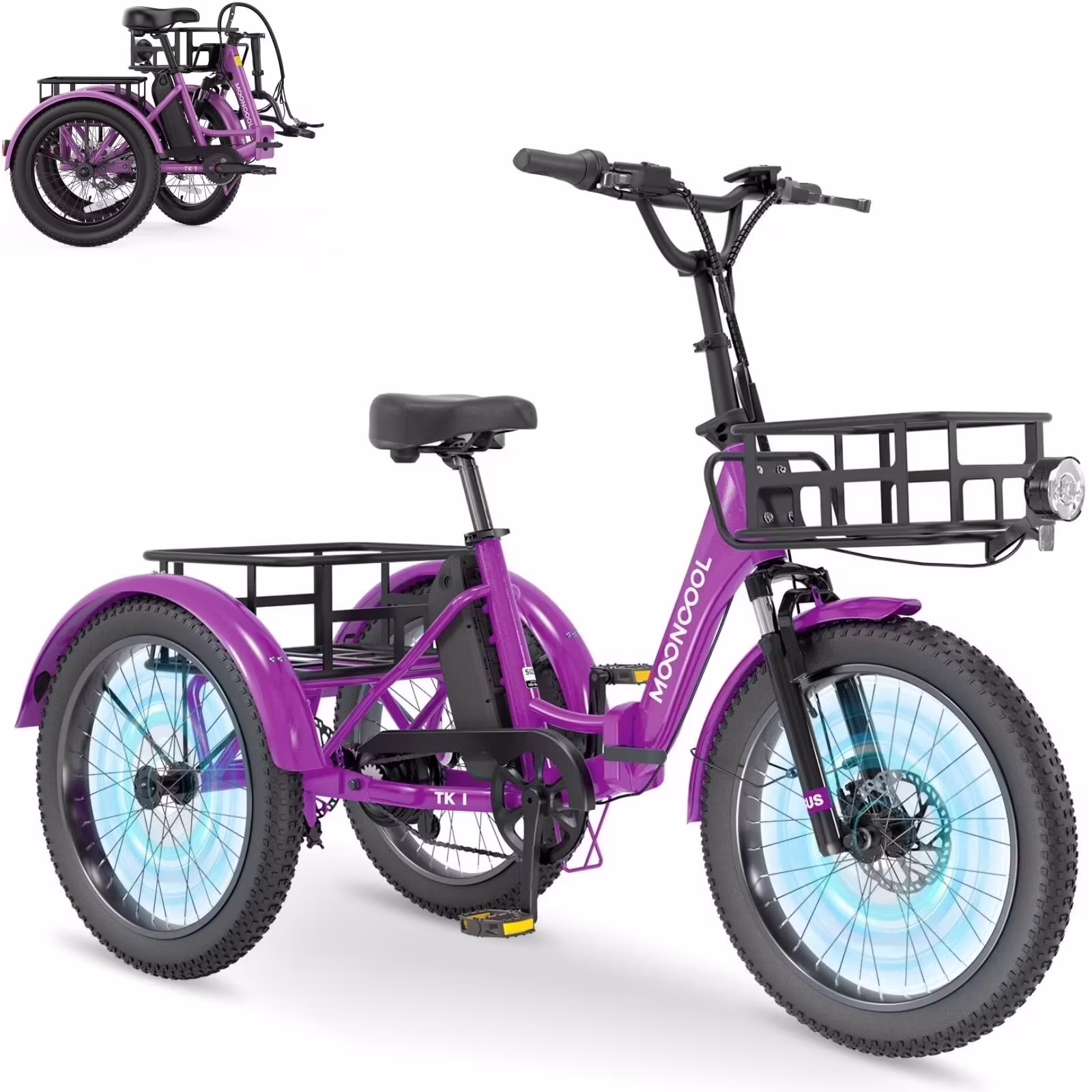 MOONCOOL TK1 Folding Electric Tricycle for Adults,48V 14.5Ah Removable battery, 500W(Peak 1000w)Motor, 20" Fat Tire Step-Thru 3Wheel Electric Bicycle w/Front&Rear Baskets, Certified to UL 2849 by SGS - Image 5