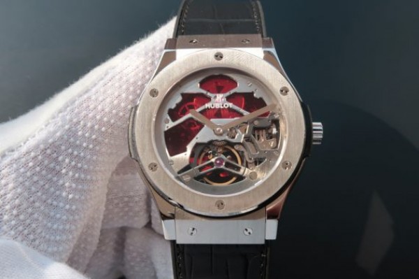 Replica Hublot Classic Fusion Tourbillon 45mm TF Red Skeleton Dial Black Gummy Strap A23J - Elite Watch Atelier