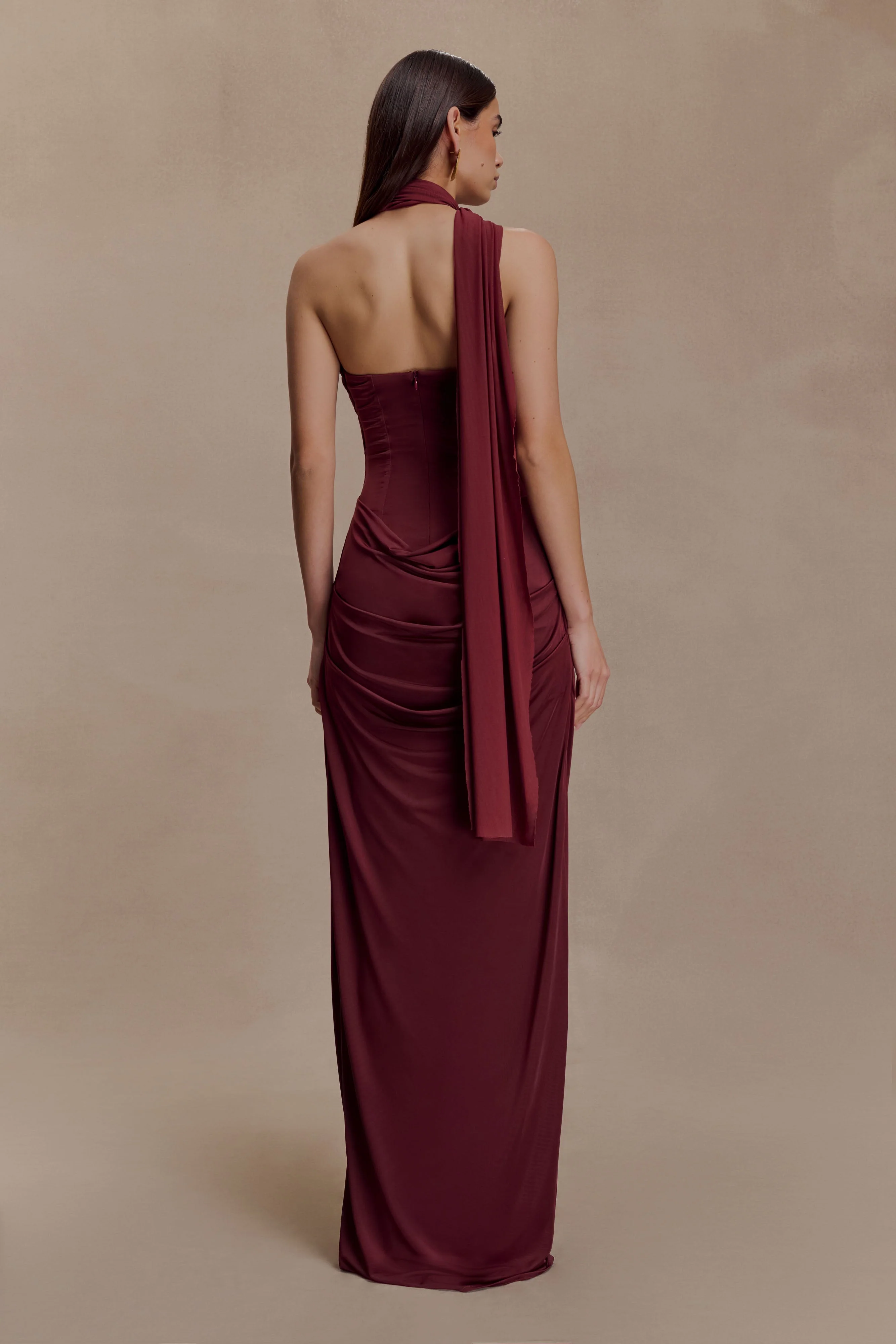 Mattea Slinky And Mesh Maxi Dress With Scarf - Burgundy
