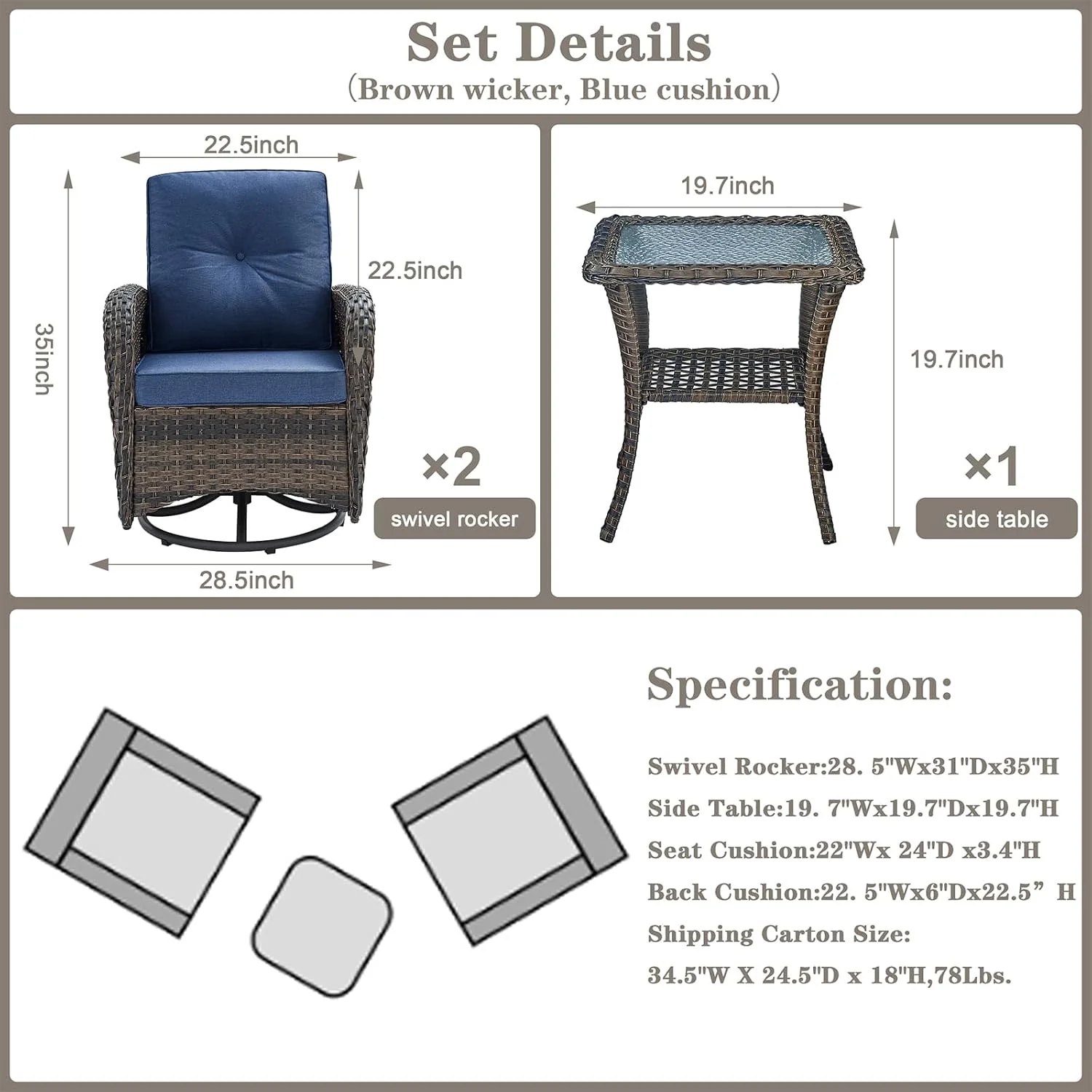 Belord 3-Piece Patio Swivel Rocking Chair Set With Side Table - Brown/Blue - Image 7 Belord 3-Piece Patio Swivel Rocking Chair Set With Side Table - Brown/Blue - Image 7