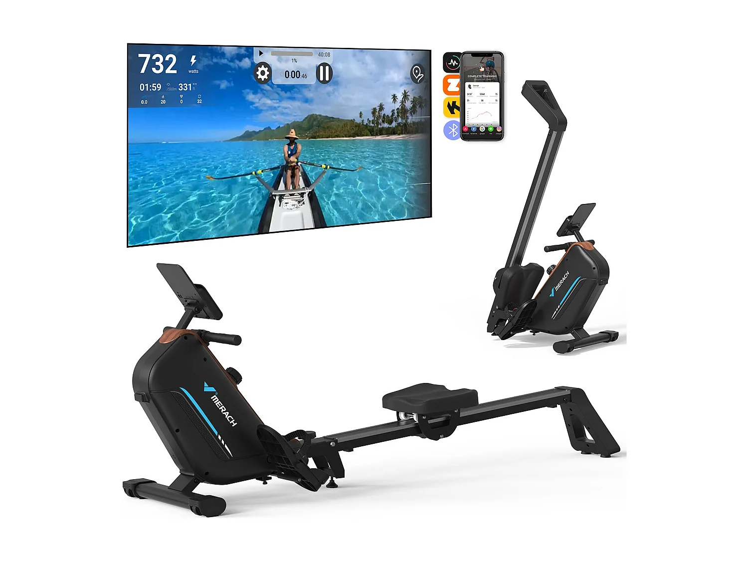 Rameur d'appartement magnétique, Merach, Bluetooth, App Connectée, Écran LCD, Support Tablette, Pliable, 16 Niveaux de Résistance, Max Charge 155 Kg
