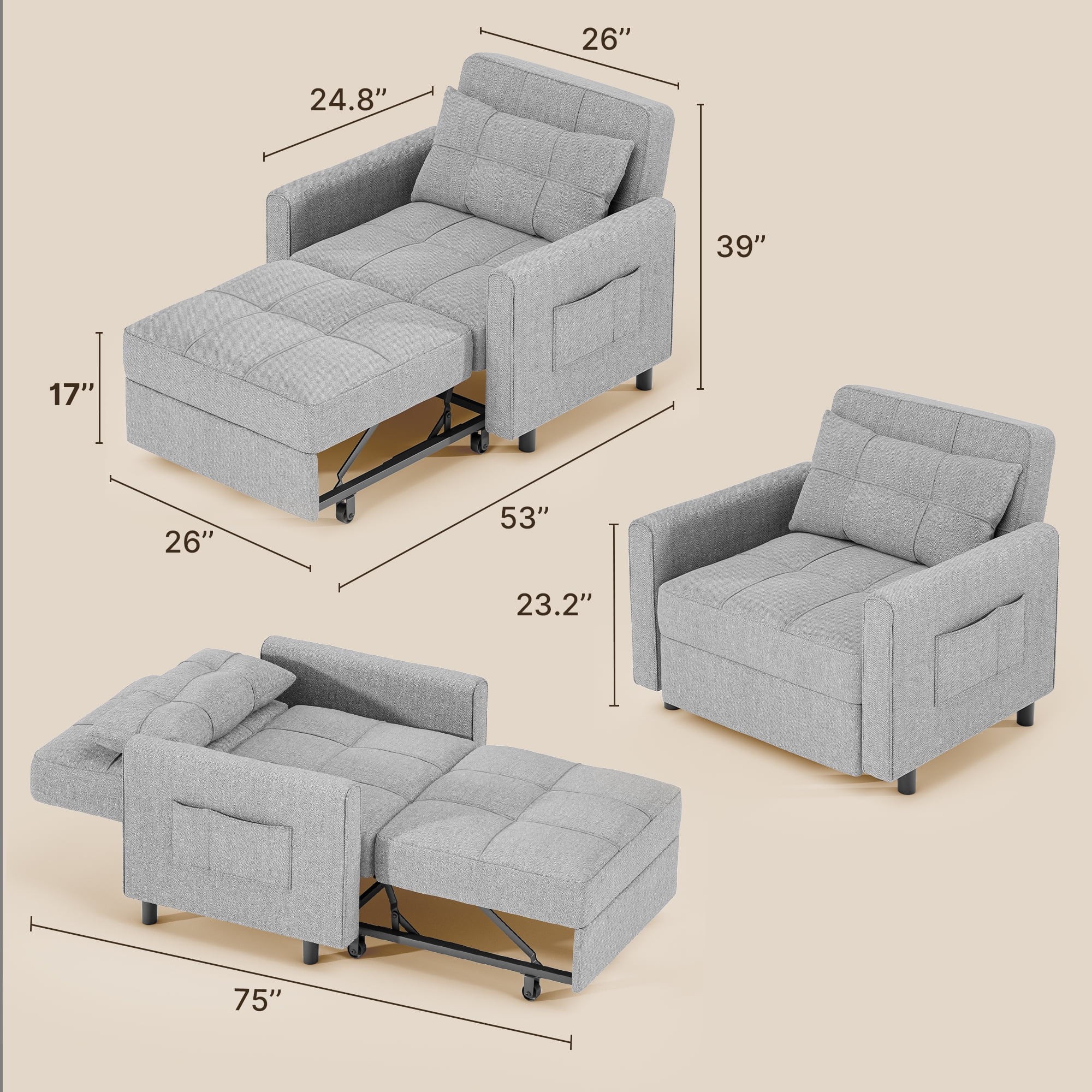 3 in 1 Convertible Sofa Bed Chair for Living Room , Aiho Sleeper Sofa Bed for Living Room, Dark Gray - Image 14