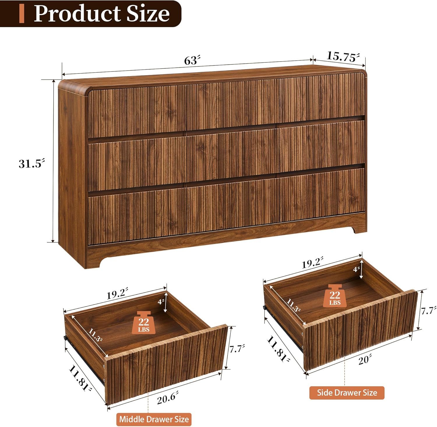 MERRYBERRY Fluted Dresser for Bedroom with 9 Drawers,63