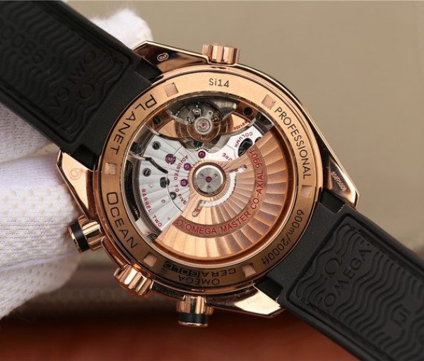 Replica Omega OMF Planet Ocean Master Chronometer RG Black Polished Bezel Black Dial Leather A9901 - Top club