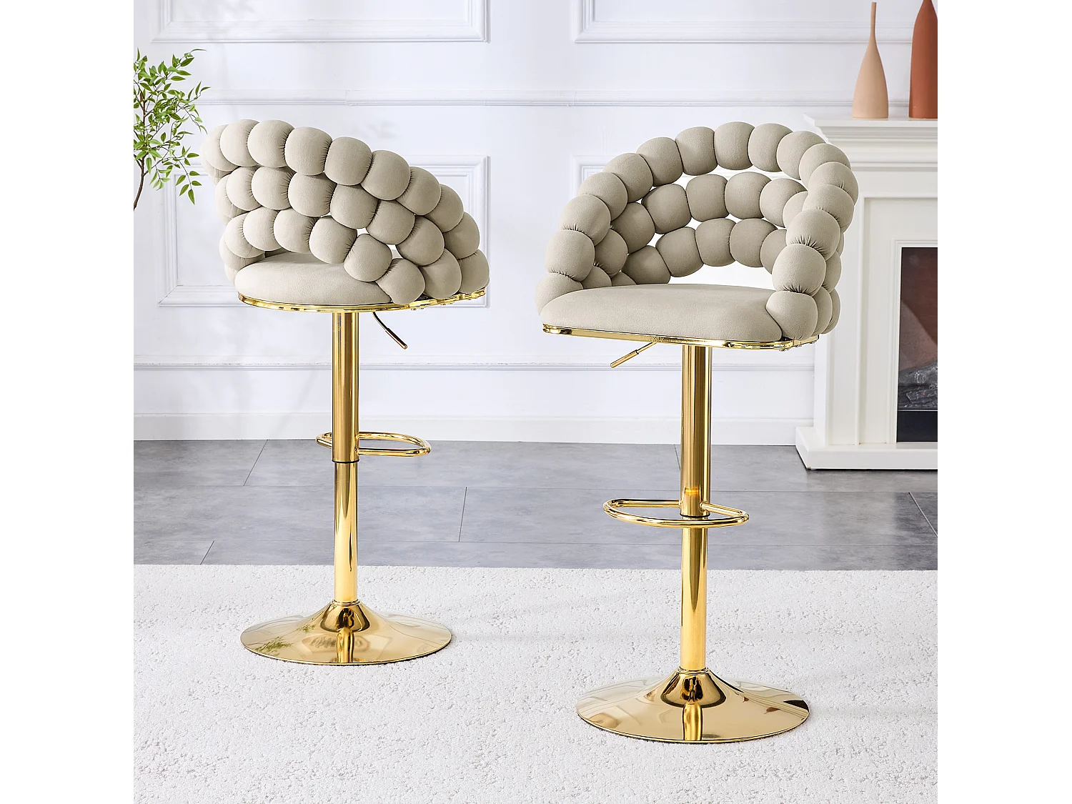 Lot de 2 tabourets de bar, hauteur réglable 65x112 cm, dossier à structure chaîne de perles, assise confortable, métal et velours gris