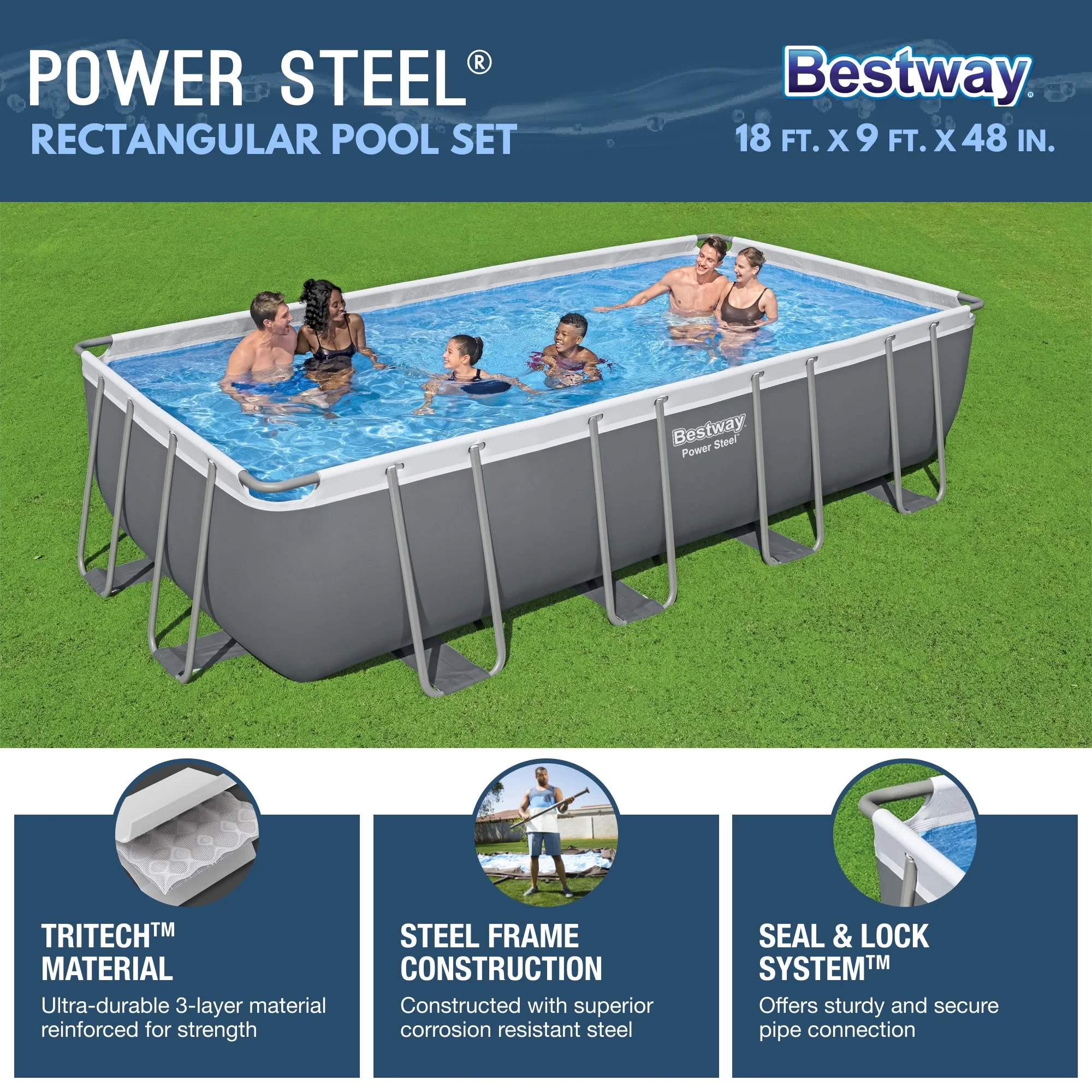 Bestway 24' x 12' x 52" Rectangular Frame Above Ground Swimming Pool Set - Image 41