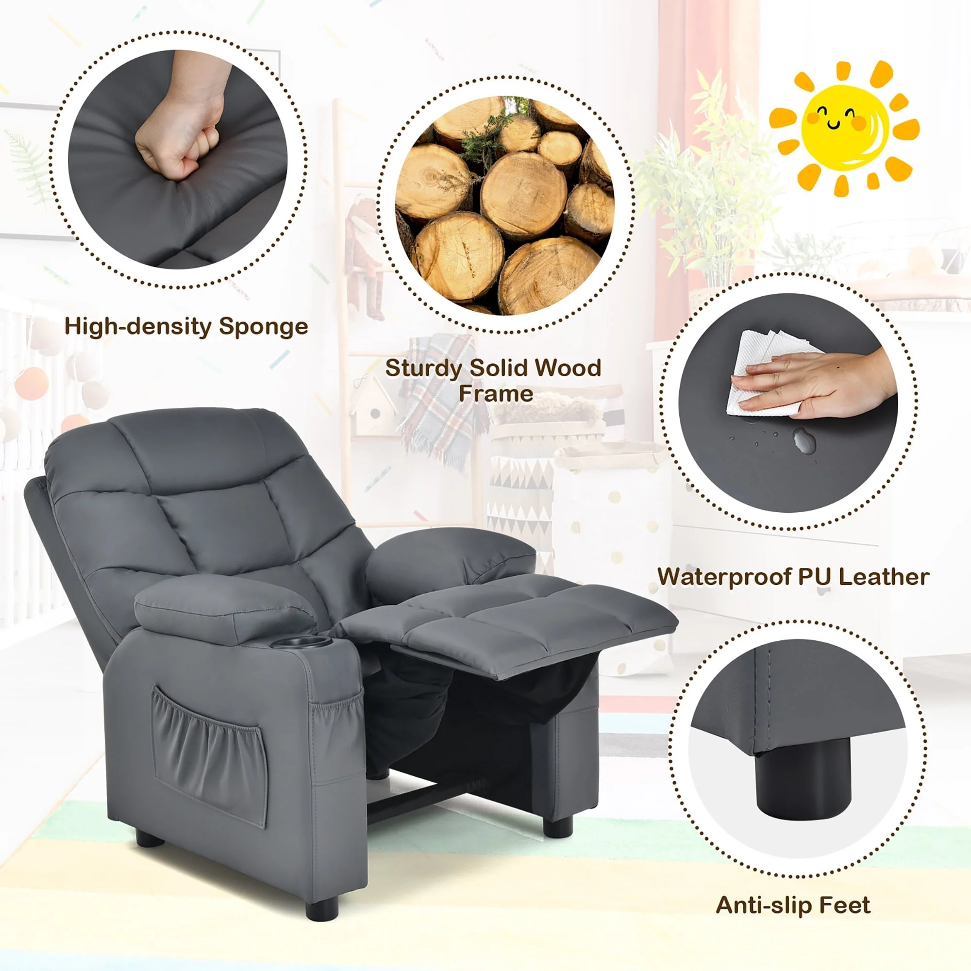 Costway Kids Youth Recliner Chair PU Leather w/Cup Holders & Side Pockets Grey - Image 11