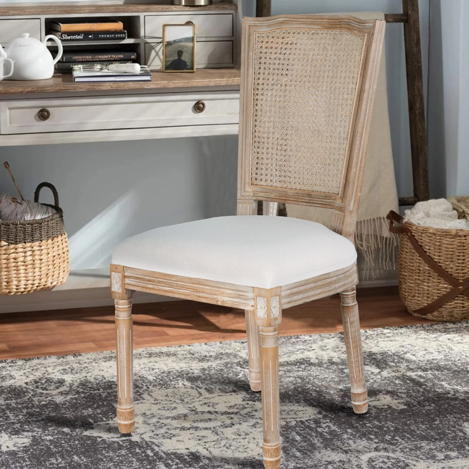 French Dining Chairs Set of 2 Beige Natural Fabric Round Back with Solid Wood Legs and Frame for Bedroom Dining Room Kitchen - Image 15