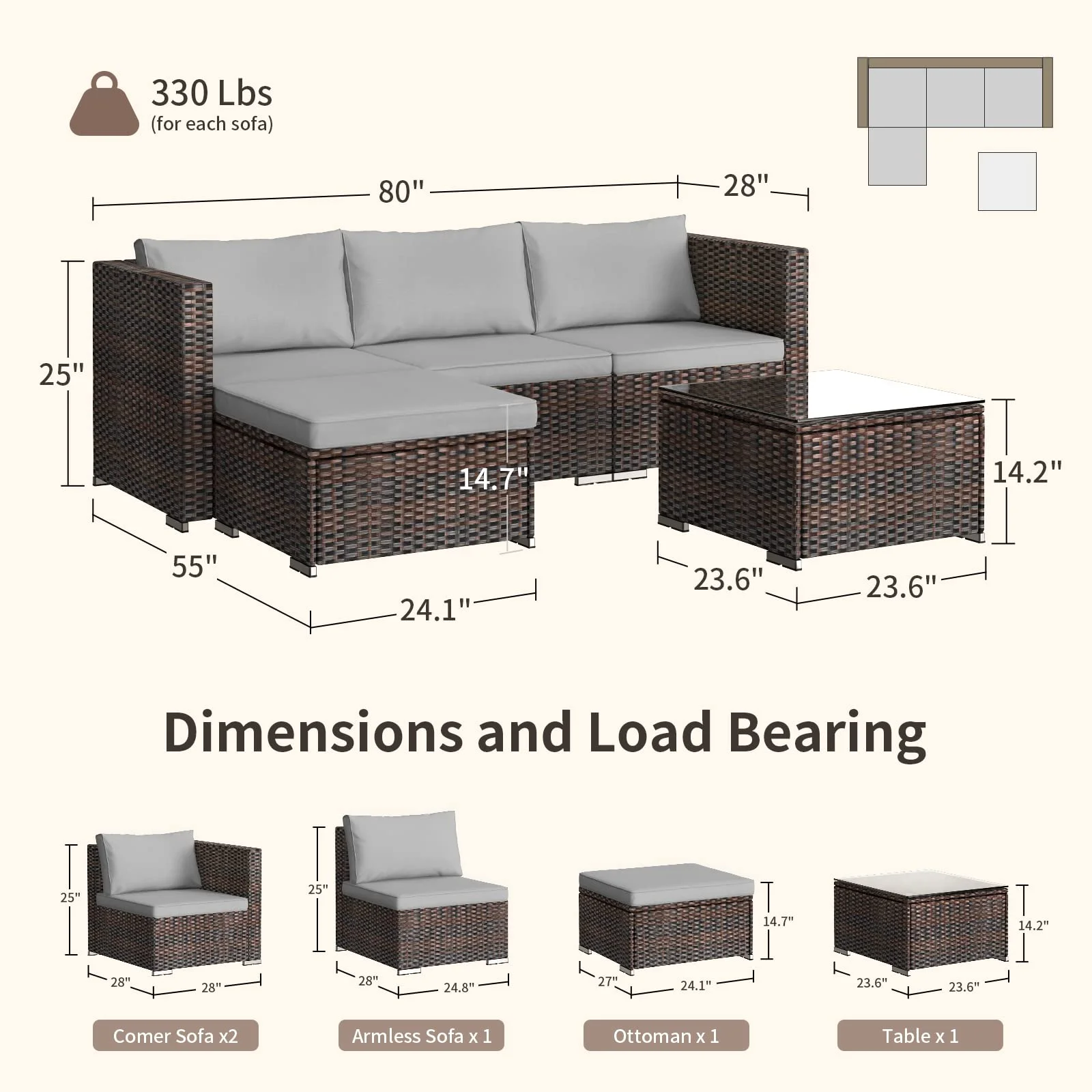 Patio Furniture Set Clearance, Lofka 5 Pieces Patio Conversation Set with Sofas and Tempered Glass Coffee Table for Outdoor Garden Gray - Image 4