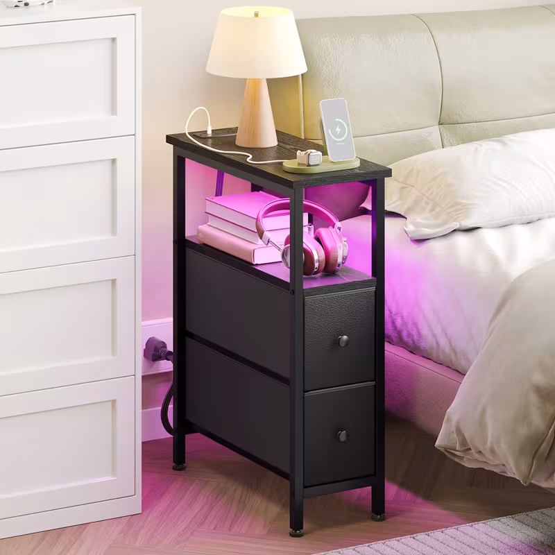 Narrow Nightstand with Charging Station & 2 Fabric Drawers | Fixwal
