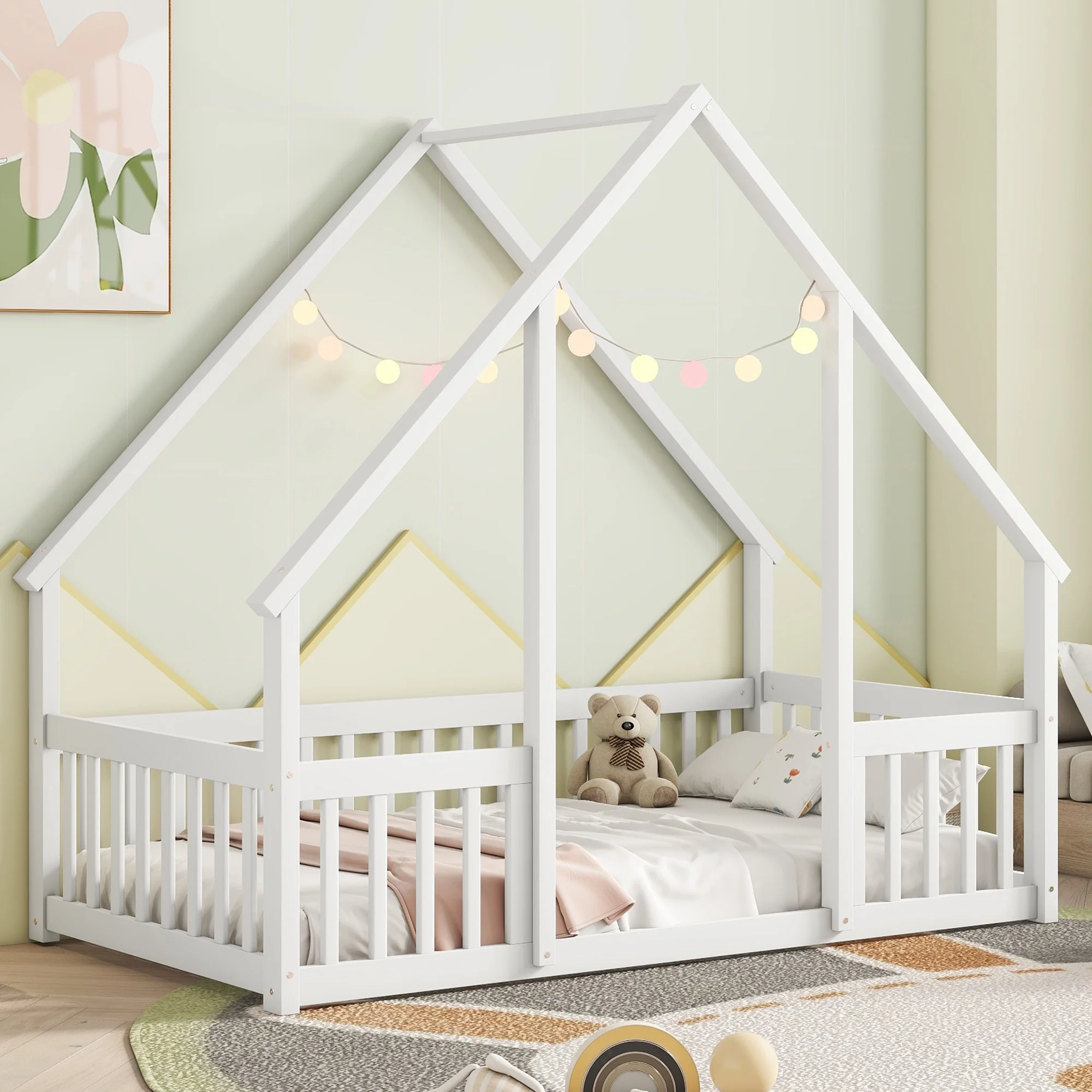 Bellemave Twin Size Floor Bed Frame, Wooden House Bed Twin Size with Fence, Montessori Bed with Guardrails for Bedroom (White) - Image 14
