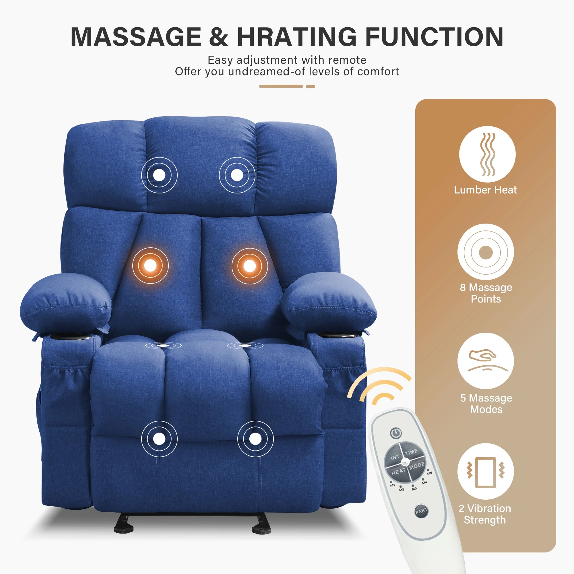JONPONY Manual Recliner Chair with Heat Therapy and Massage Function, Heavy Duty Reclining Mechanism Massage Chair, Elderly Single Rocker Sofa with Cup Holders for Bedroom Home Theater,Grey - Image 106