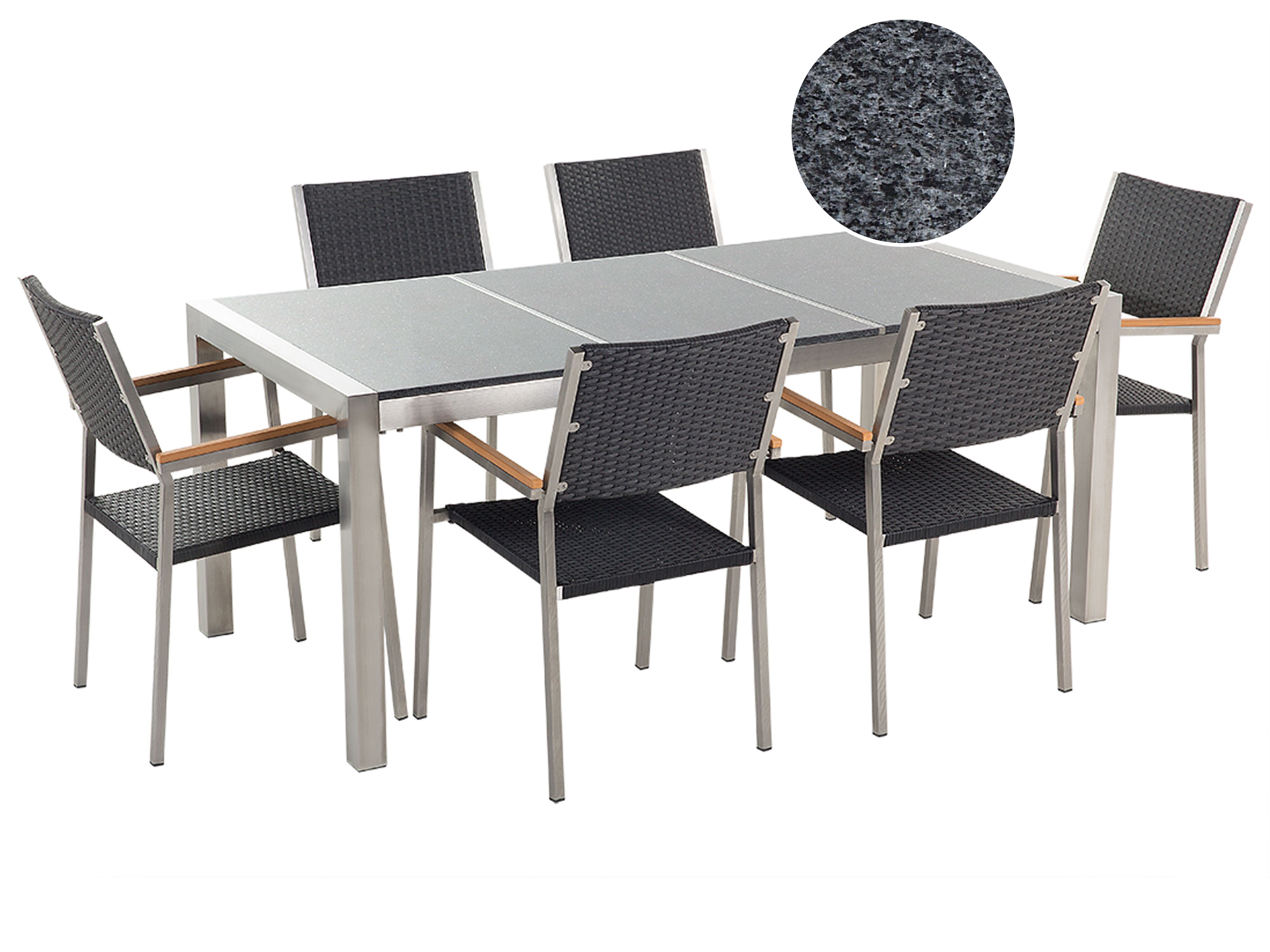 Garden Dining Set 6 Seater GROSSETO Triple Plate Granite Polished Grey/ Black