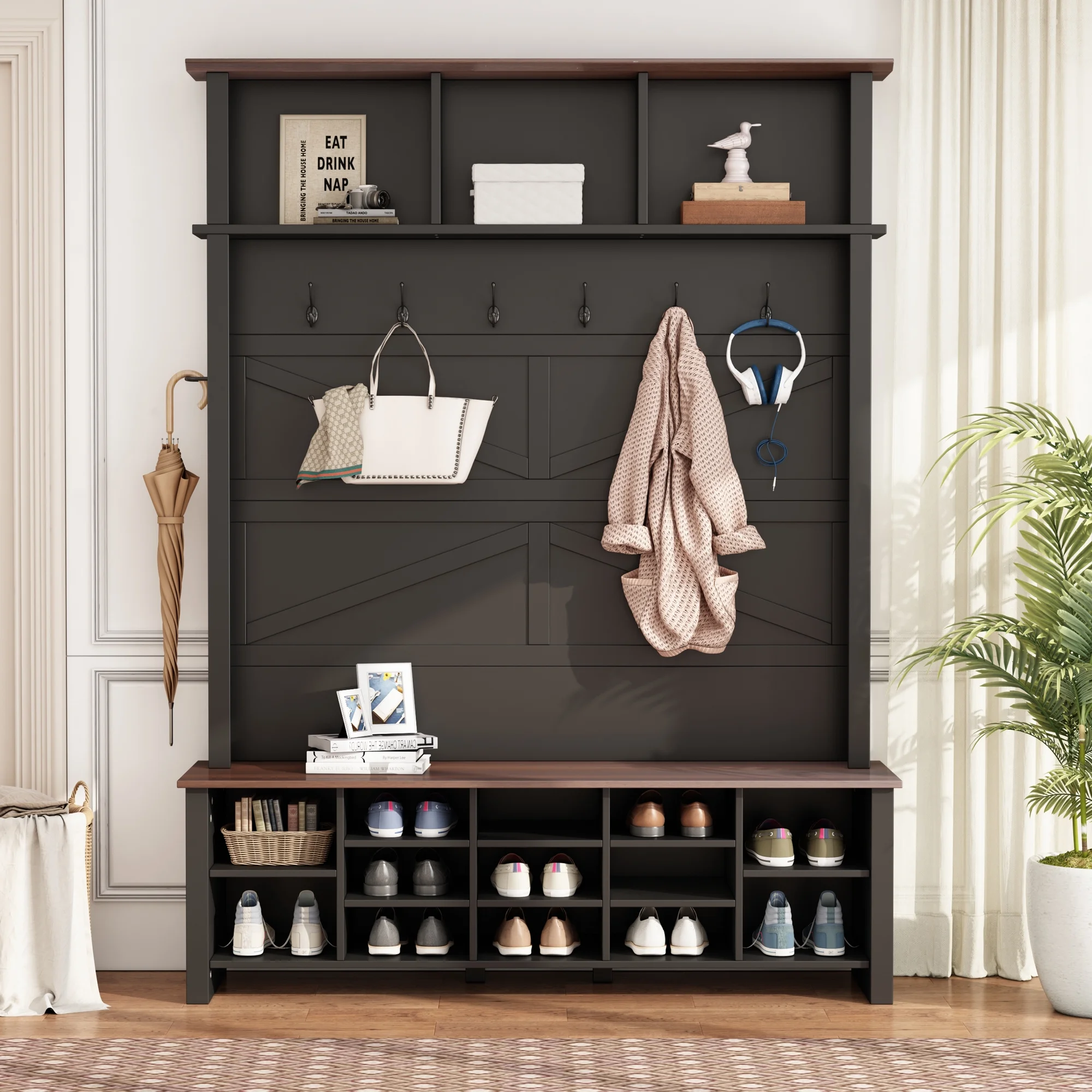 Farmhouse 4-in-1 Hall Tree with 6 Hooks, Practical Walnut Entryway Bench with Adjustable Shelves, Wooden Style Rustic Shoe Organizer with 16 Open Compartments for Mudroom, Living Room, Black