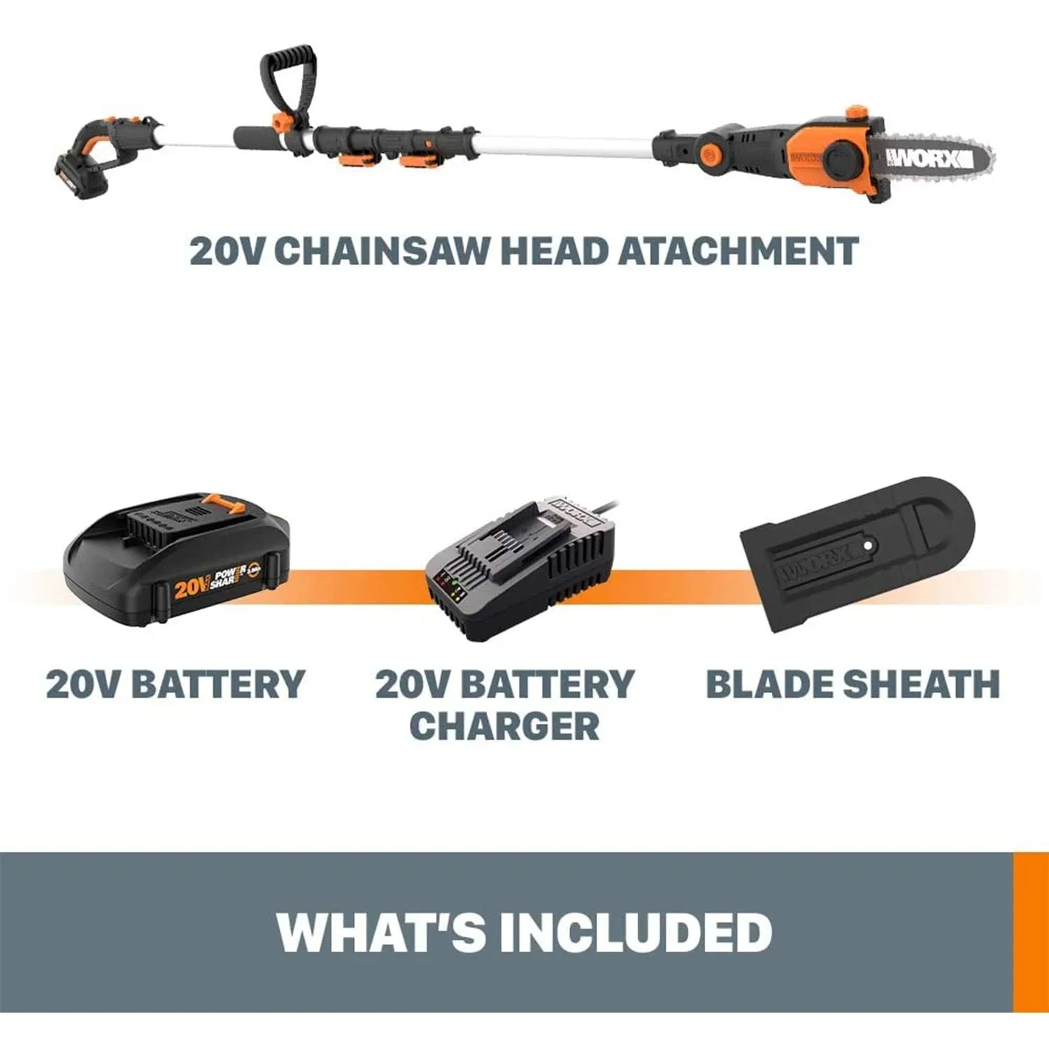 WORX 2-in-1 Cordless 8 Inch Pole Saw, Black And Orange - WG349 - Image 2 WORX 2-in-1 Cordless 8 Inch Pole Saw, Black And Orange - WG349 - Image 2