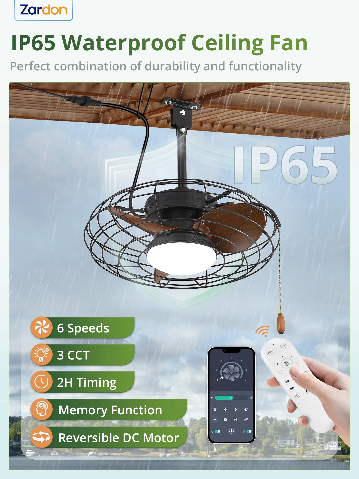 Zardon 20" Outdoor Ceiling Fan with Light and Remote, 7 Blades Caged Waterproof Gazebo Fan for Patio, Porch, Pergola Canopy, App Control - Image 24