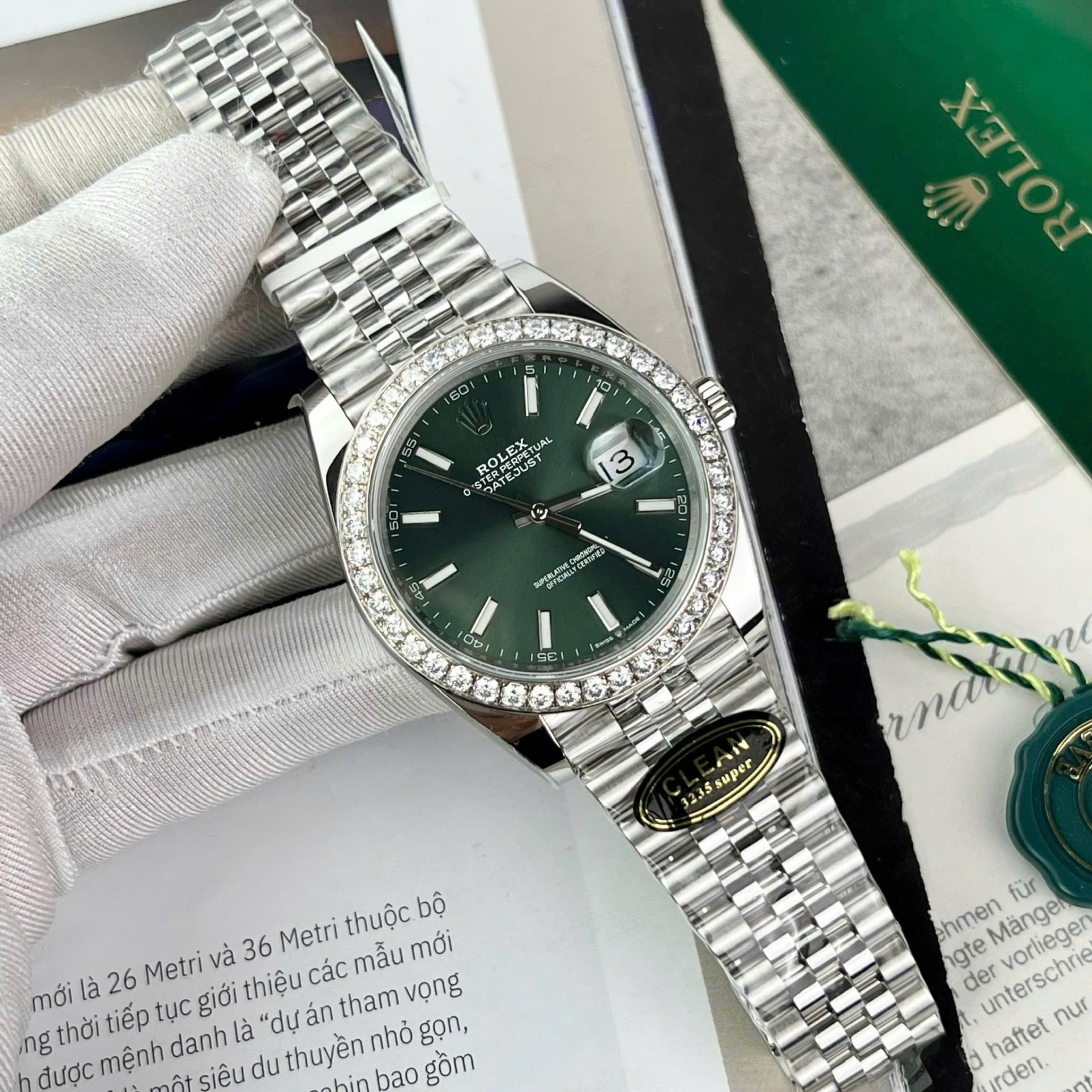 Rolex DateJust Green Dial Copies Watch Moissanite Diamonds Custom Clean Factory 41mm - Elite Watch Atelier