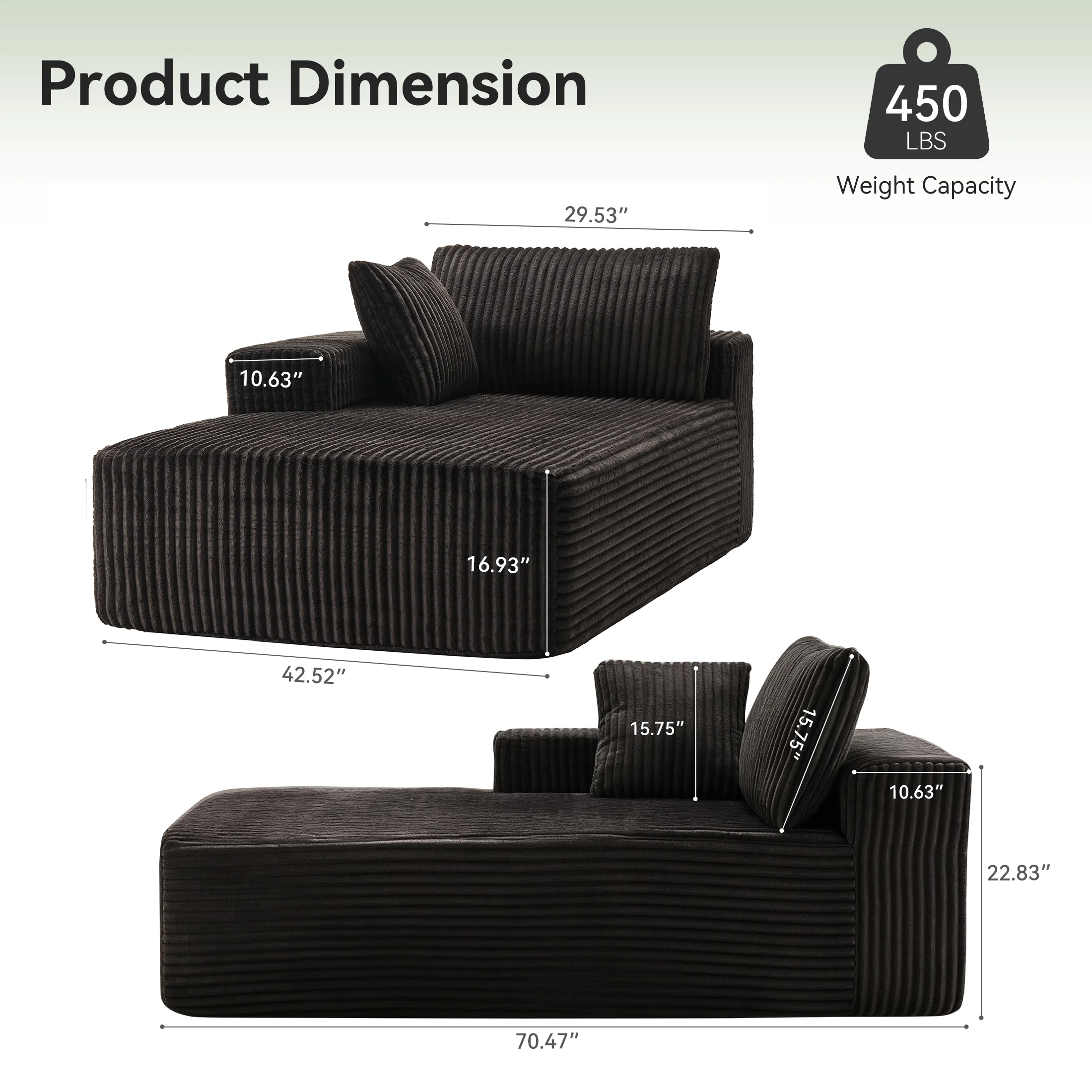 LUMIHO Chaise Lounge Chair Indoor, 42" Sleeper Chair with Two Throw Pillows and Armrests, Corduroy Chaise Couch Chair with Ottoman for Living Room, Bedroom, Apartment, Green - Image 20