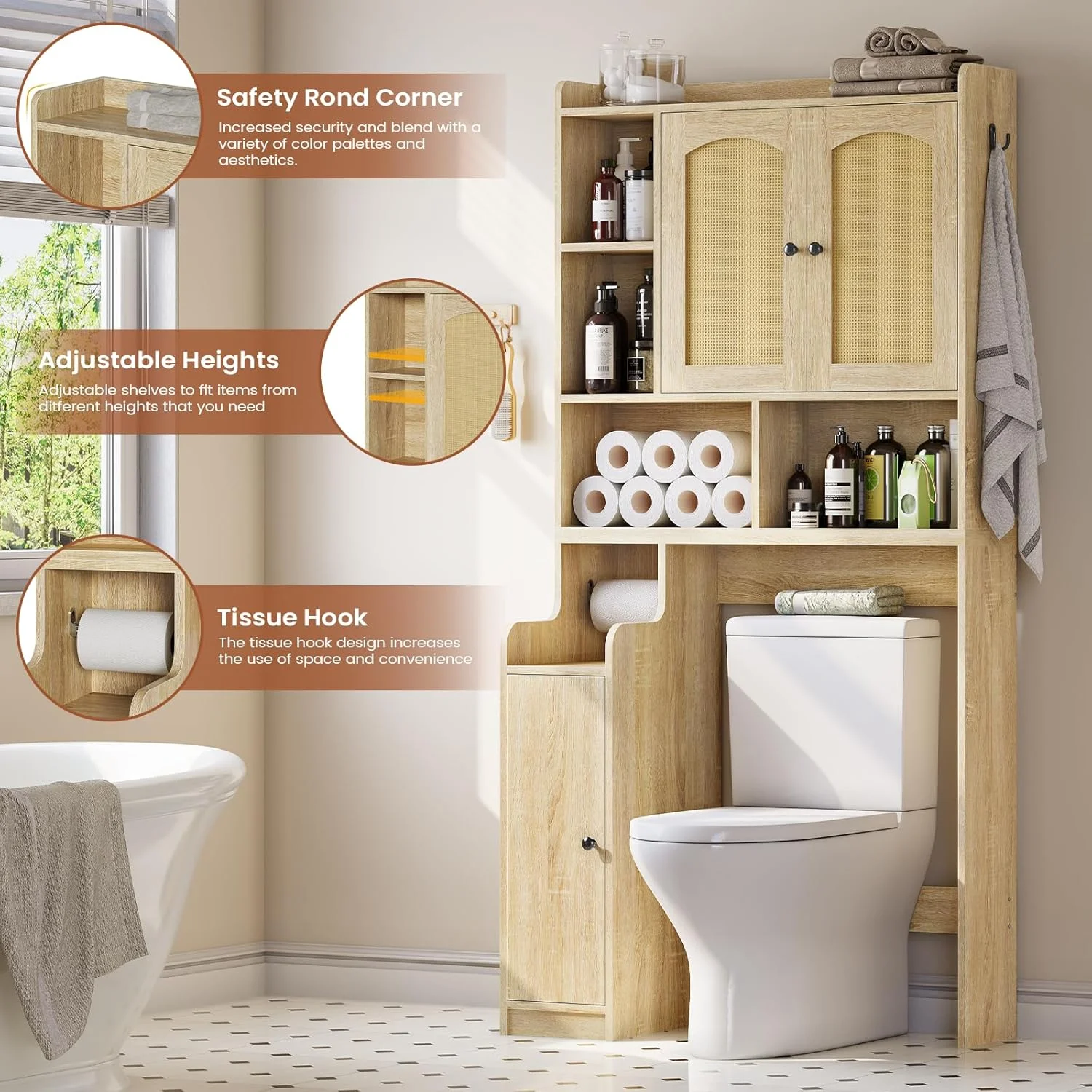 Over The Toilet Storage Cabinet with 3 Doors, Farmhouse Space Saver for Bathroom Organizer with Paper Holder, 10 Shelves and Hooks, 7-Tier Over Washing Machine Cabinet for Laundry, Bathroom, Natural - Image 12