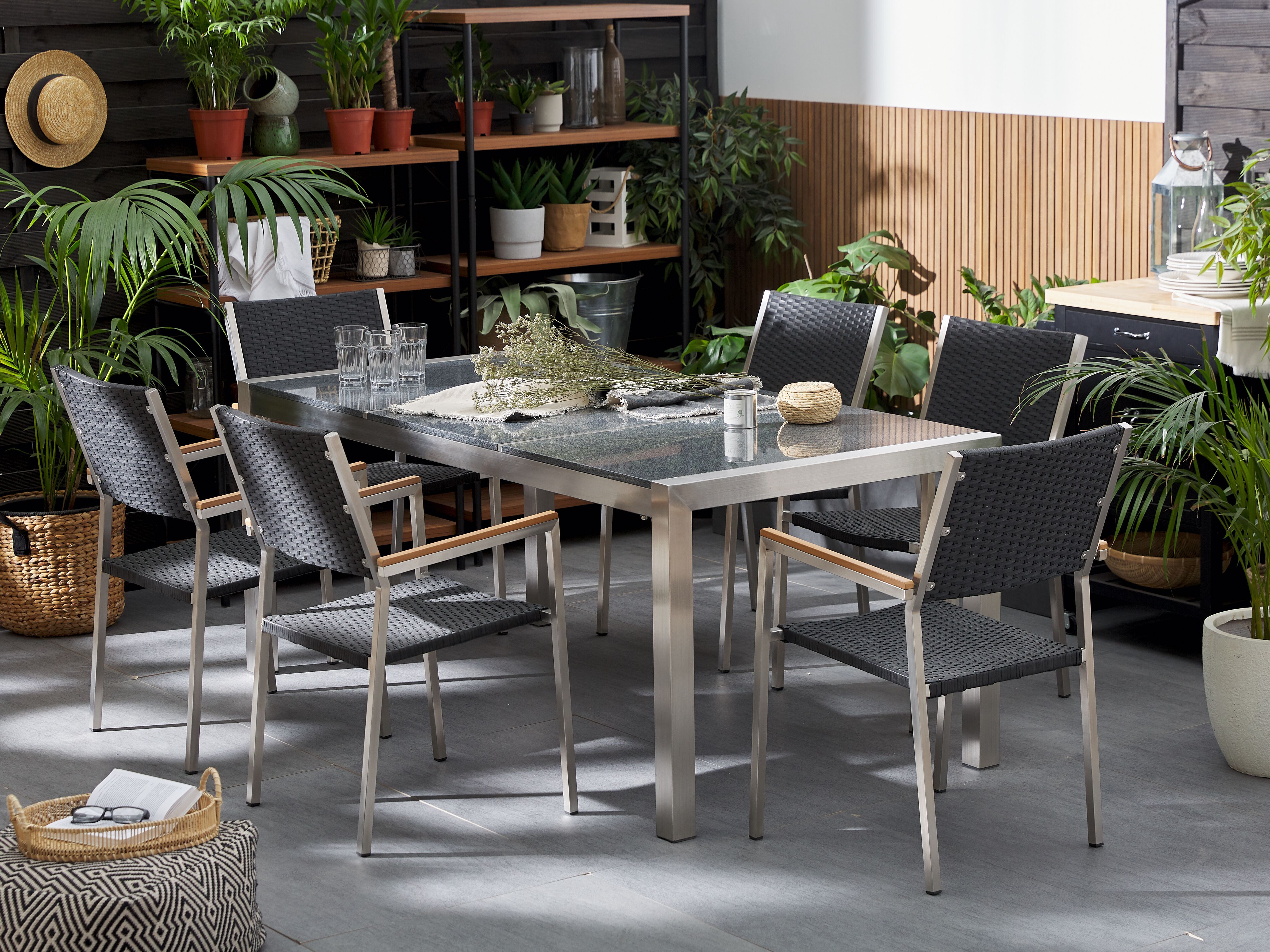 Garden Dining Set 6 Seater GROSSETO Triple Plate Granite Polished Grey/ Black