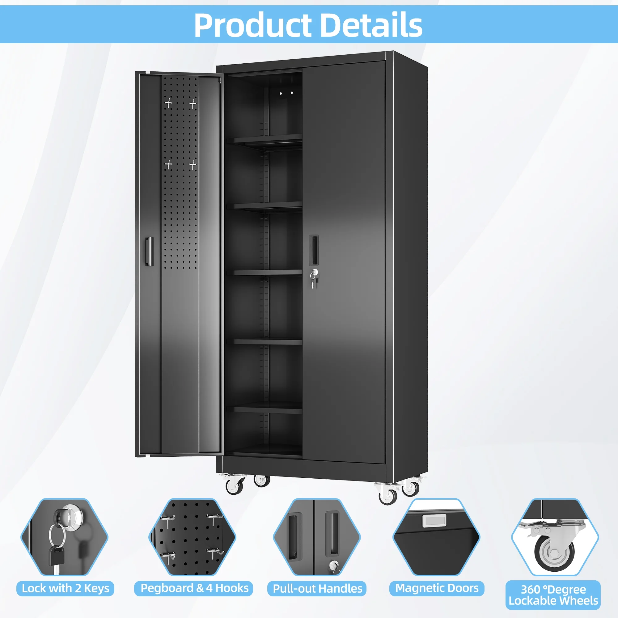 GangMei 71 inches Tall Metal Rolling Garage Storage Cabinets with Locking Doors and 5 Adjustable Shelves, Metal Storage Cabinet for Garage, Office, Home, Classroom, Assemble Required(Black) - Image 12