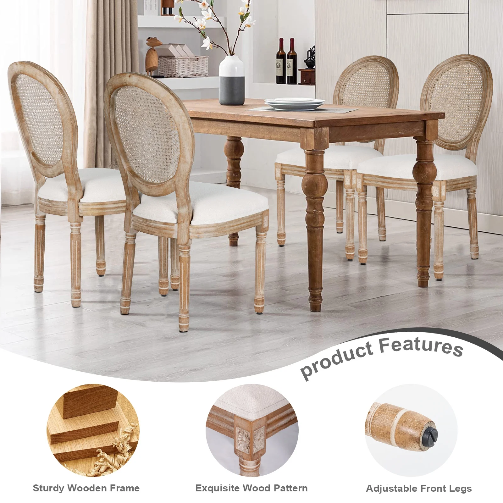 French Dining Chairs Set of 2 Beige Natural Fabric Round Back with Solid Wood Legs and Frame for Bedroom Dining Room Kitchen - Image 19