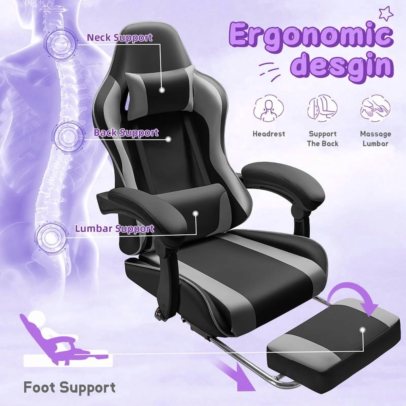 Lacoo PU Leather Gaming Chair Massage Ergonomic Gamer Chair Height Adjustable Computer Chair with Footrest & Lumbar Support, White - Image 33