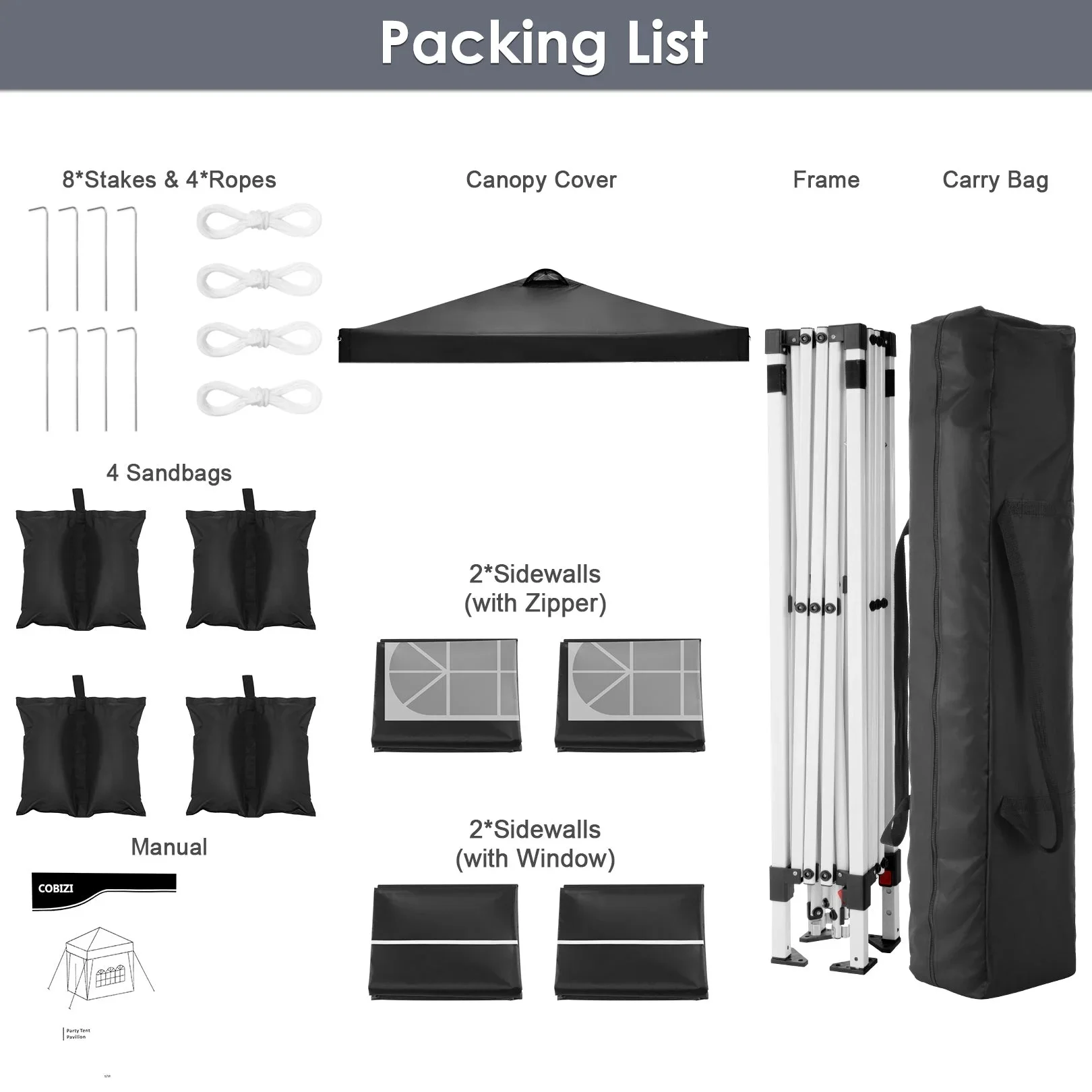 COBIZI 10x10 EZ Pop up Canopy Gazebo with Sidewalls,Pop up Canopy Tent Instant Shelter for Outdoor Party Camping Backyard Beach with Air Vent ,Carry Bag,Stakes,Ropes,Black - Image 3