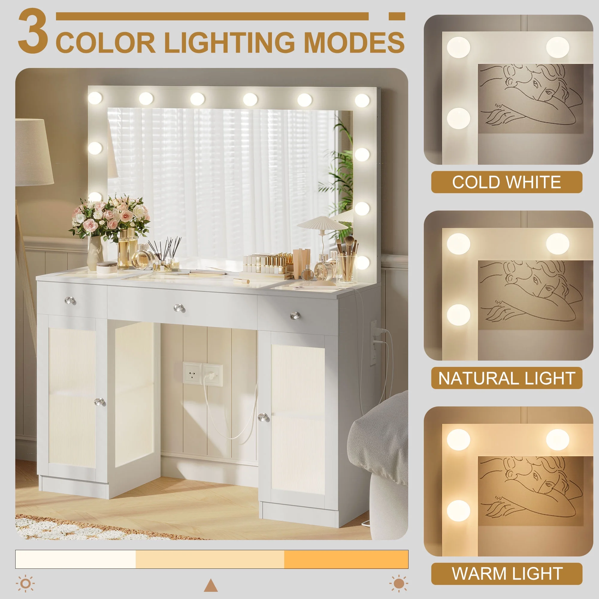 ABOVOBA Vanity Desk with Mirror and Lights,3 Drawers and Power Outlet Makeup Vanity for Women,White - Image 7