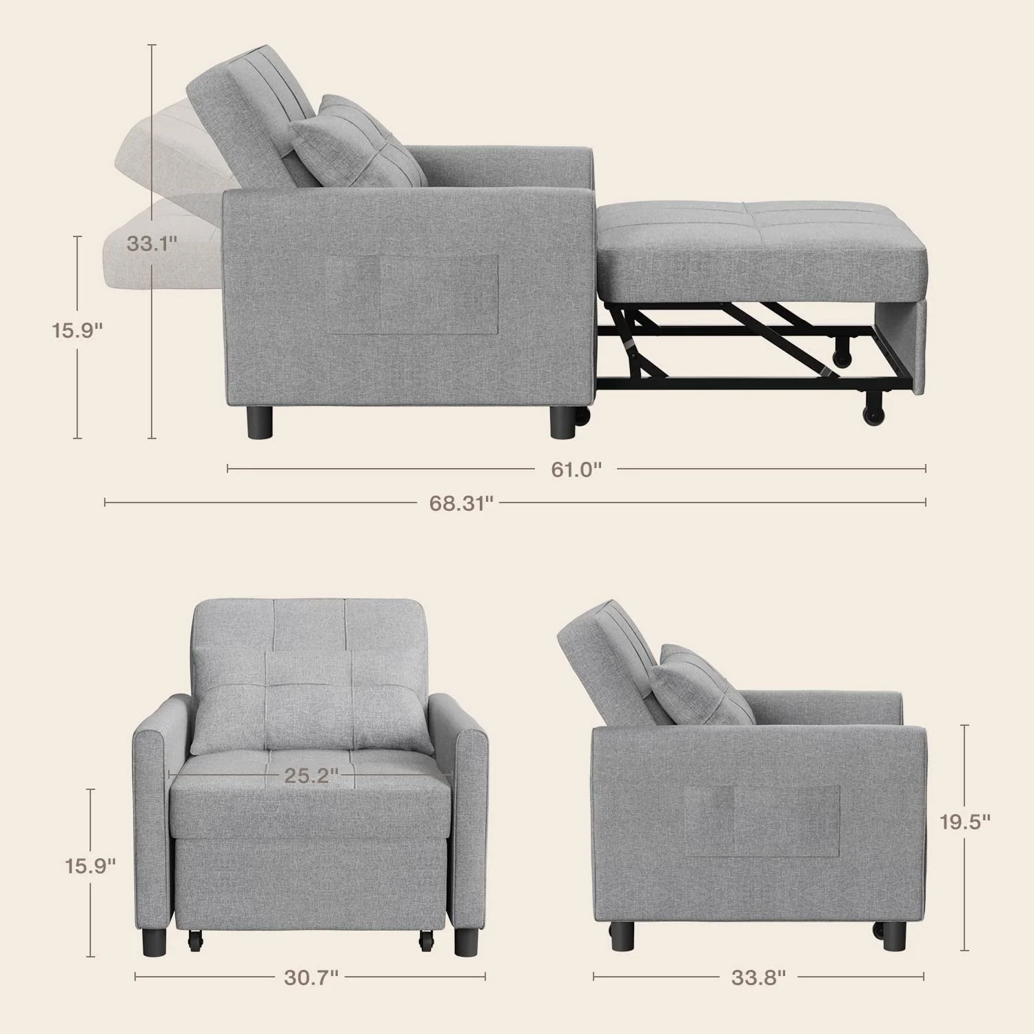 Lofka Chair Bed, Convertible Sofa Bed Couch Recliner Single Bed for Living Room/Office/Bedroom, Light Gray - Image 7