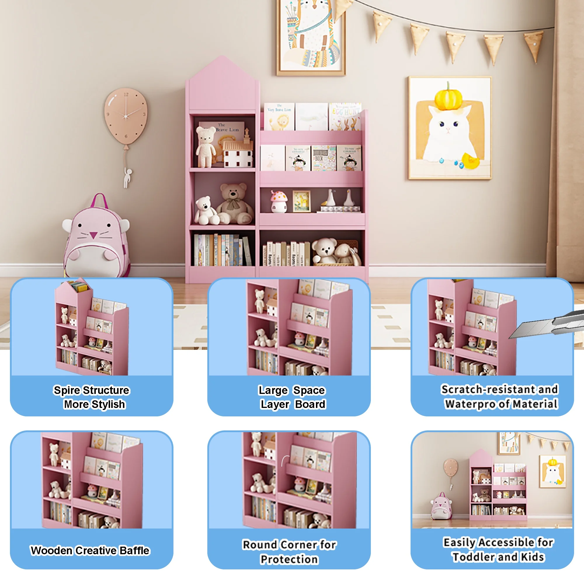 PORKISS Bookshelf for Kids, Wood Kids Bookcase with Toy Storage Organizer, Freestanding Book Shelf with 6 Compartments and 2 Baskets Bins for Kids Bedroom, Nursery, Playroom, Natural - Image 24