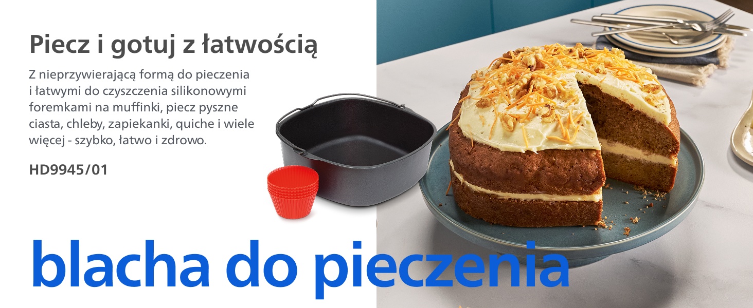 Tekst brzmi „blacha do pieczenia”. Seria zdjęć przedstawiających ciemną nieprzywierającą blachę do pieczenia z różnymi wypiekami i pokazami użycia.