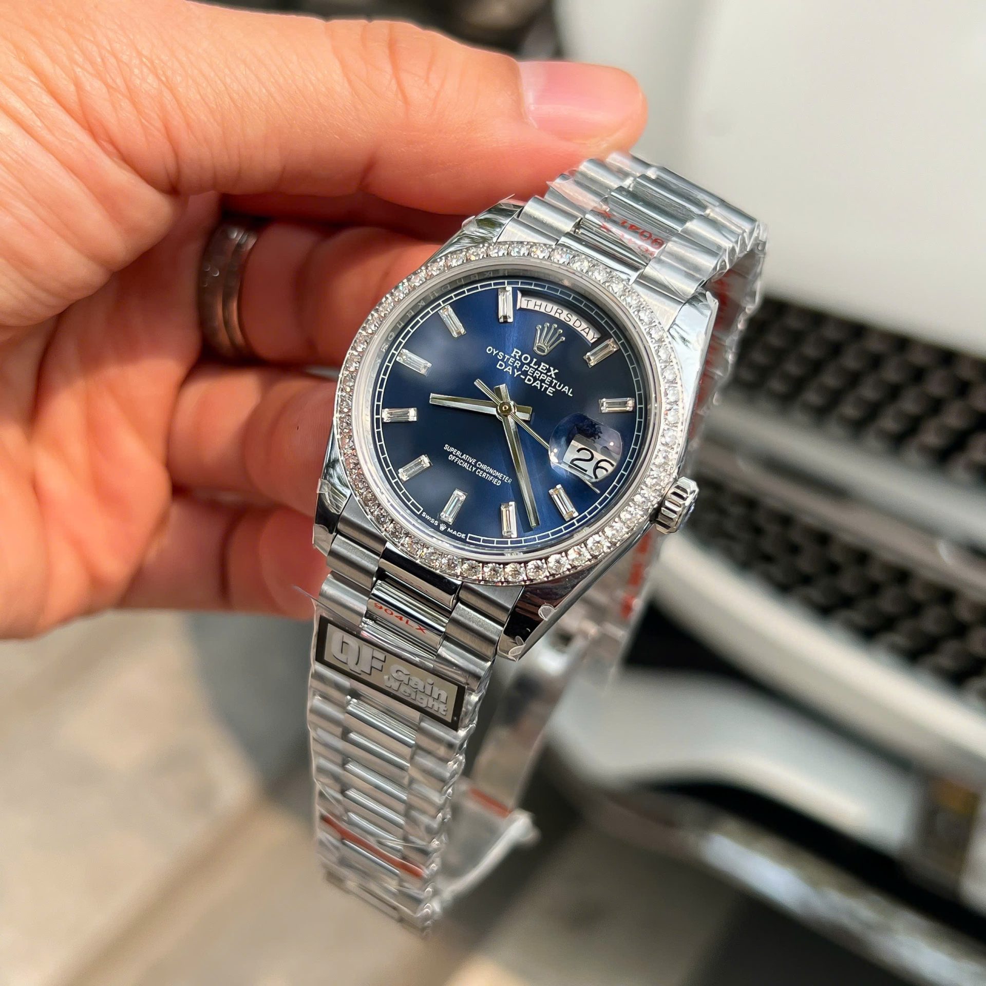 Rolex Day-Date Blue Dial Replica 11 Watch Bezel Diamonds Moissanite QF Factory 36mm - Top club