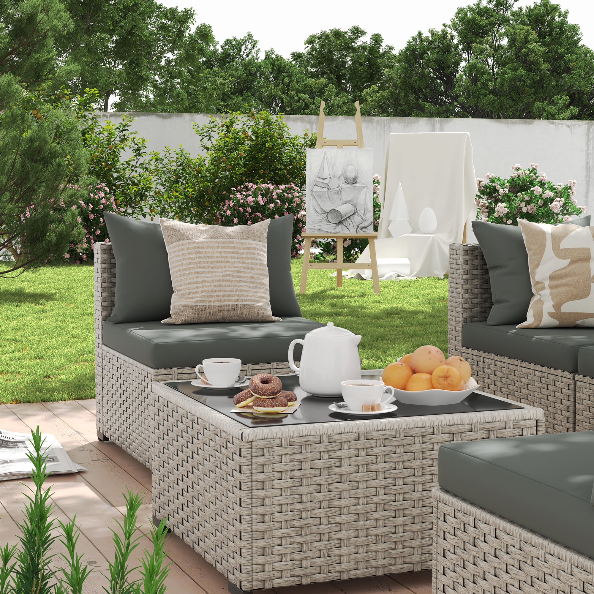 7 Pieces Patio Conversation Set, Outdoor Sectional PE Rattan Wicker Furniture Seat,Dark Gray - Image 2