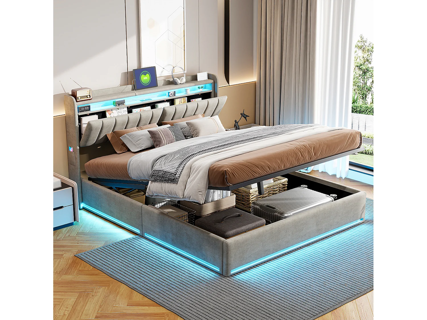 Lit rembourré 160×200 cm avec LED, recharge USB, sommier à lattes hydraulique et rangement – Lit double pour jeune