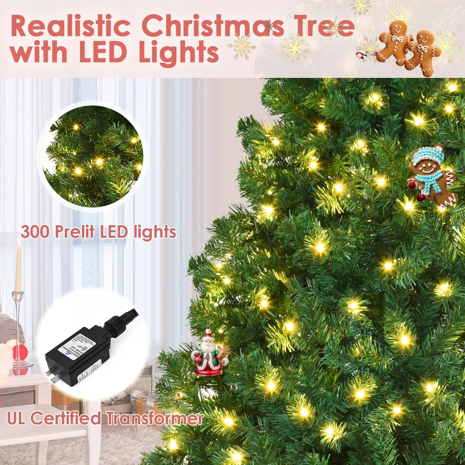 Vebreda 6FT Pre-Lit Artificial Christmas Tree with 300 Warm White LED Lights, Hinged Branch Design, Eco-Friendly PVC Needles & Foldable Metal Stand for Home, Office & Holiday D��cor - Image 5